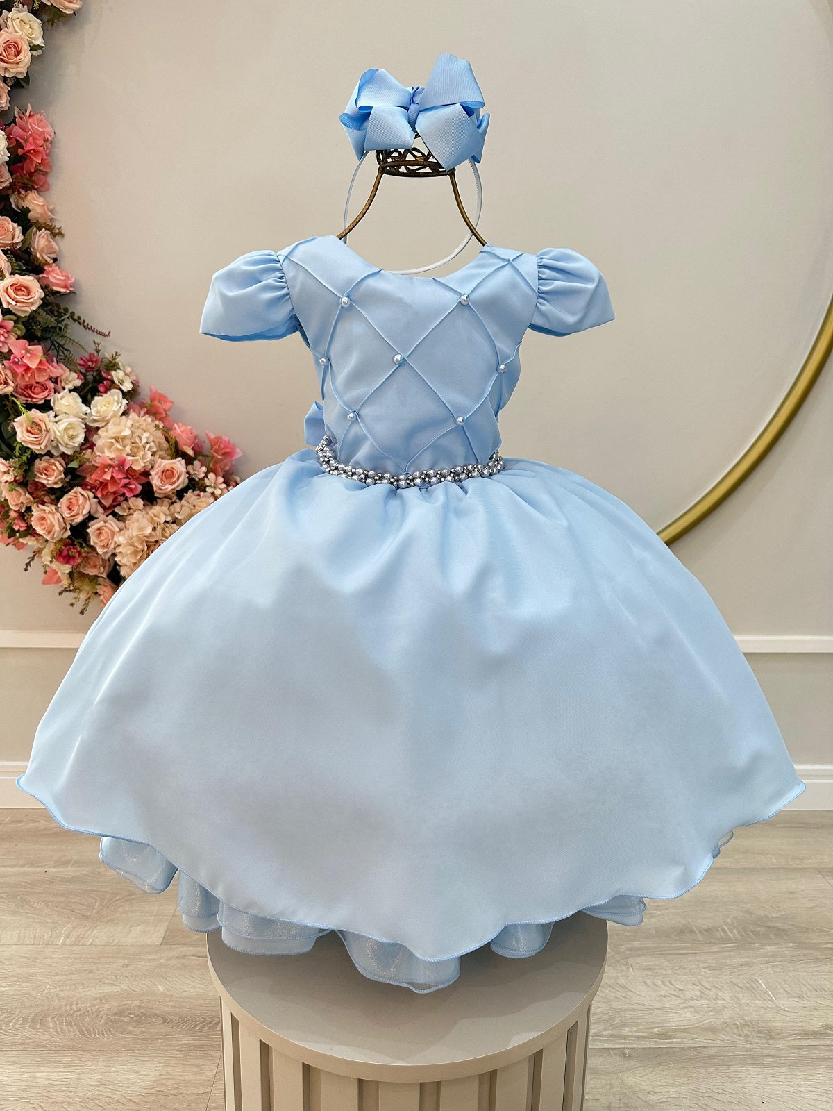 Vestido Infantil Azul Cinto de Pérolas Busto Nervuras Luxo