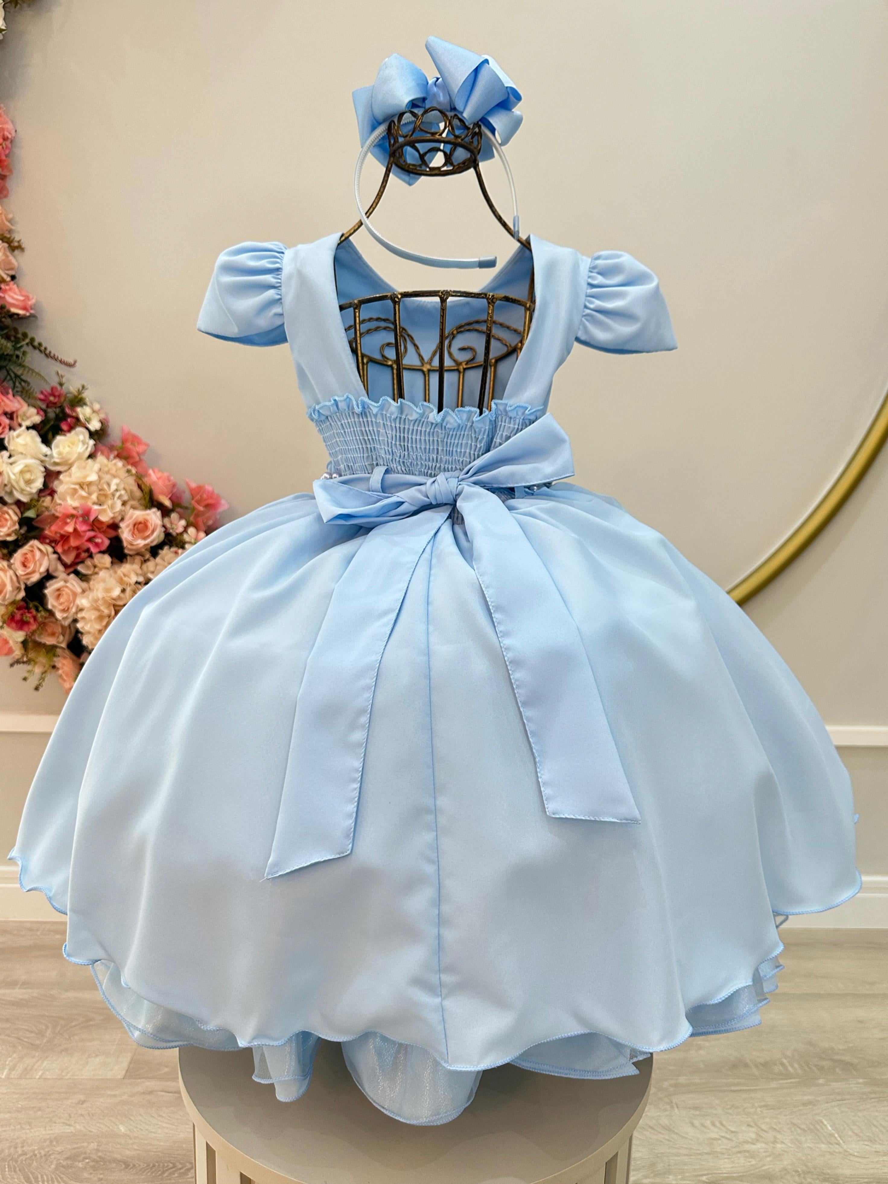 Vestido Infantil Azul Cinto de Pérolas Busto Nervuras Luxo