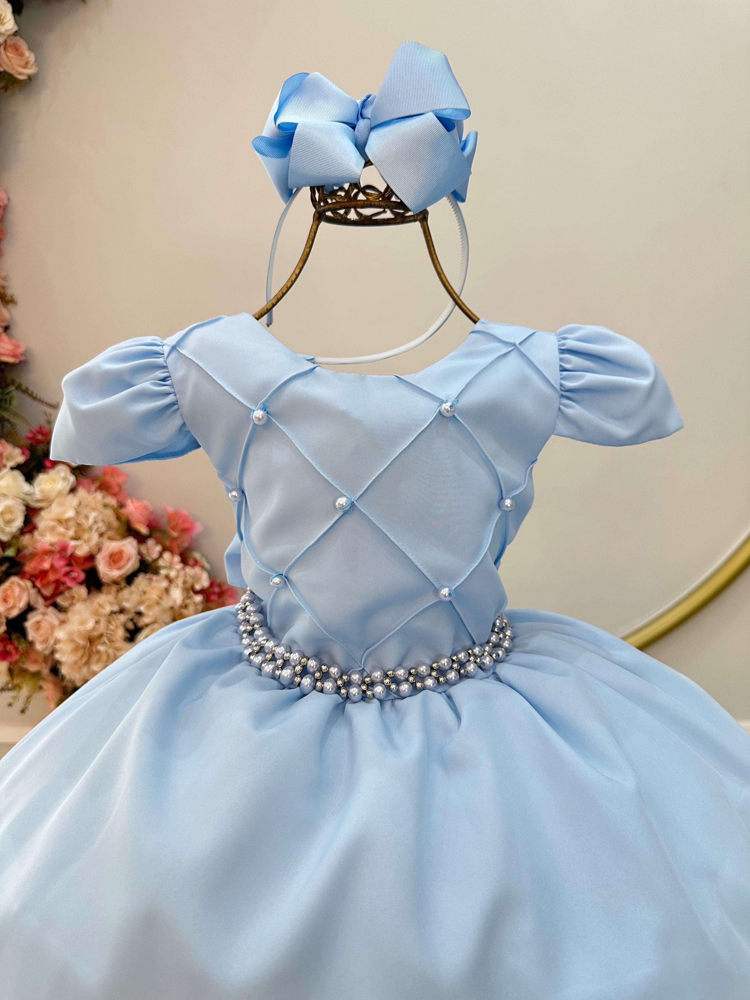 Vestido Infantil Azul Cinto de Pérolas Busto Nervuras Luxo