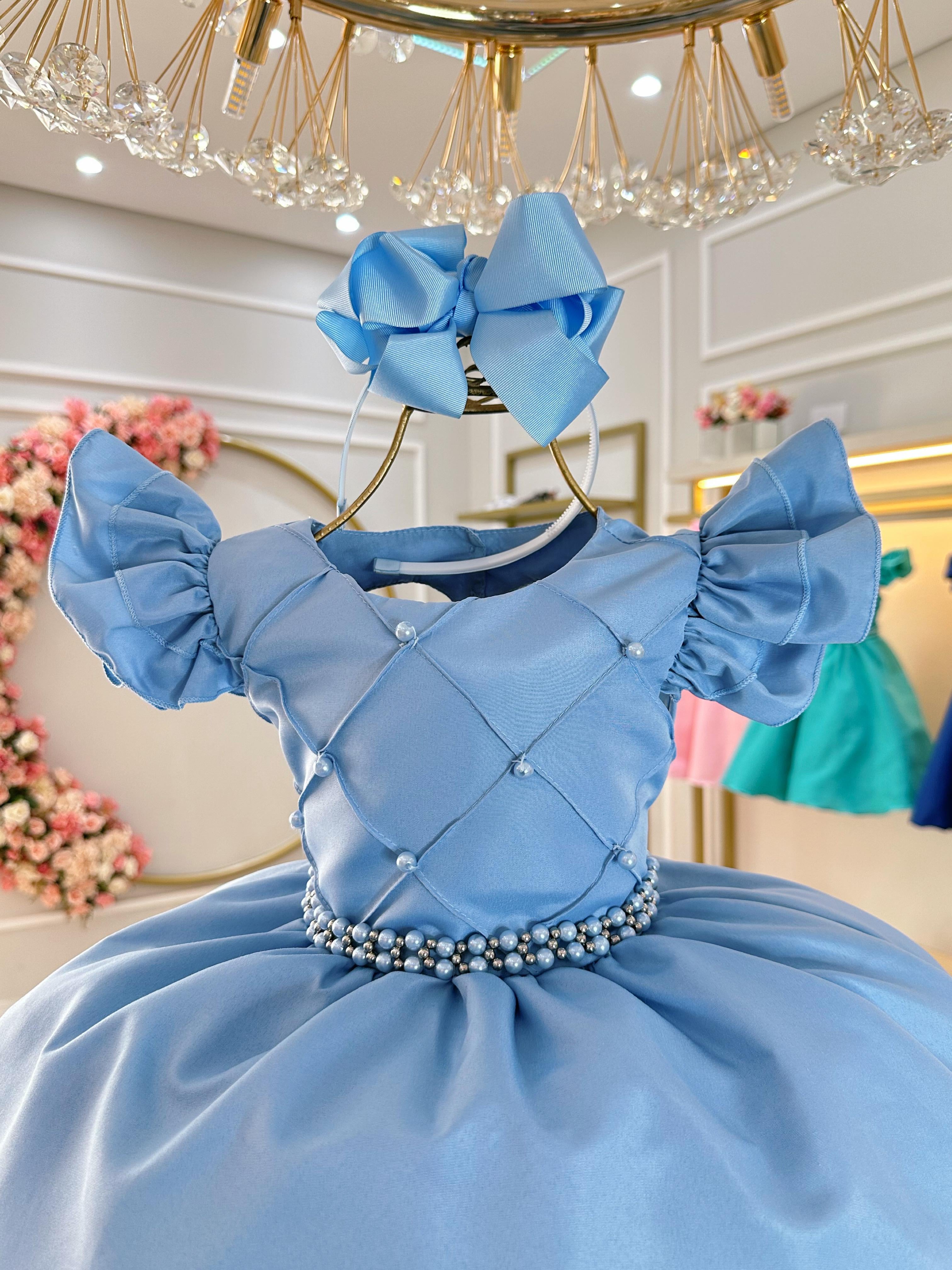 Vestido Infantil Azul Claro Busto Nervura Com Pérolas Festas