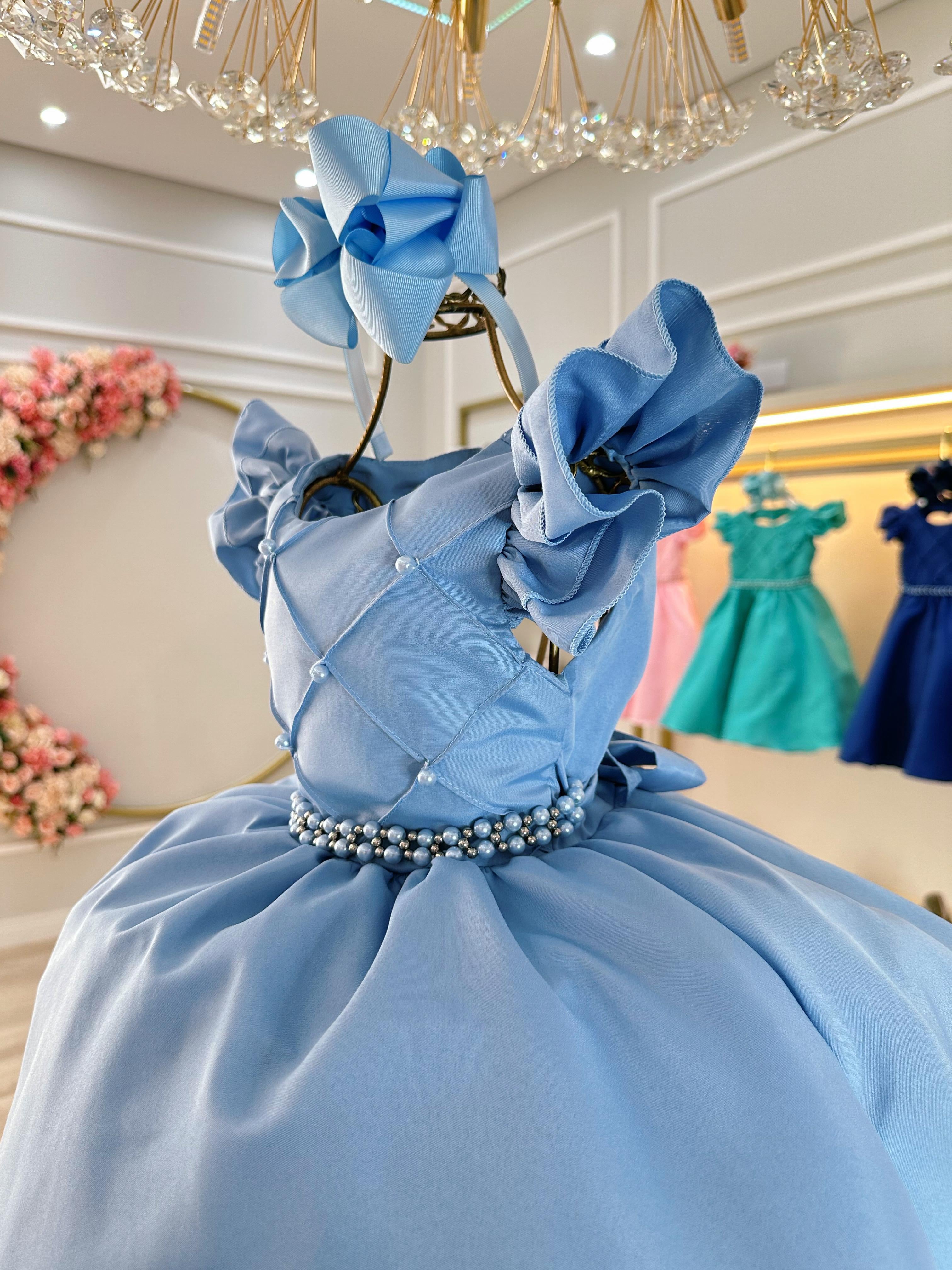 Vestido Infantil Azul Claro Busto Nervura Com Pérolas Festas