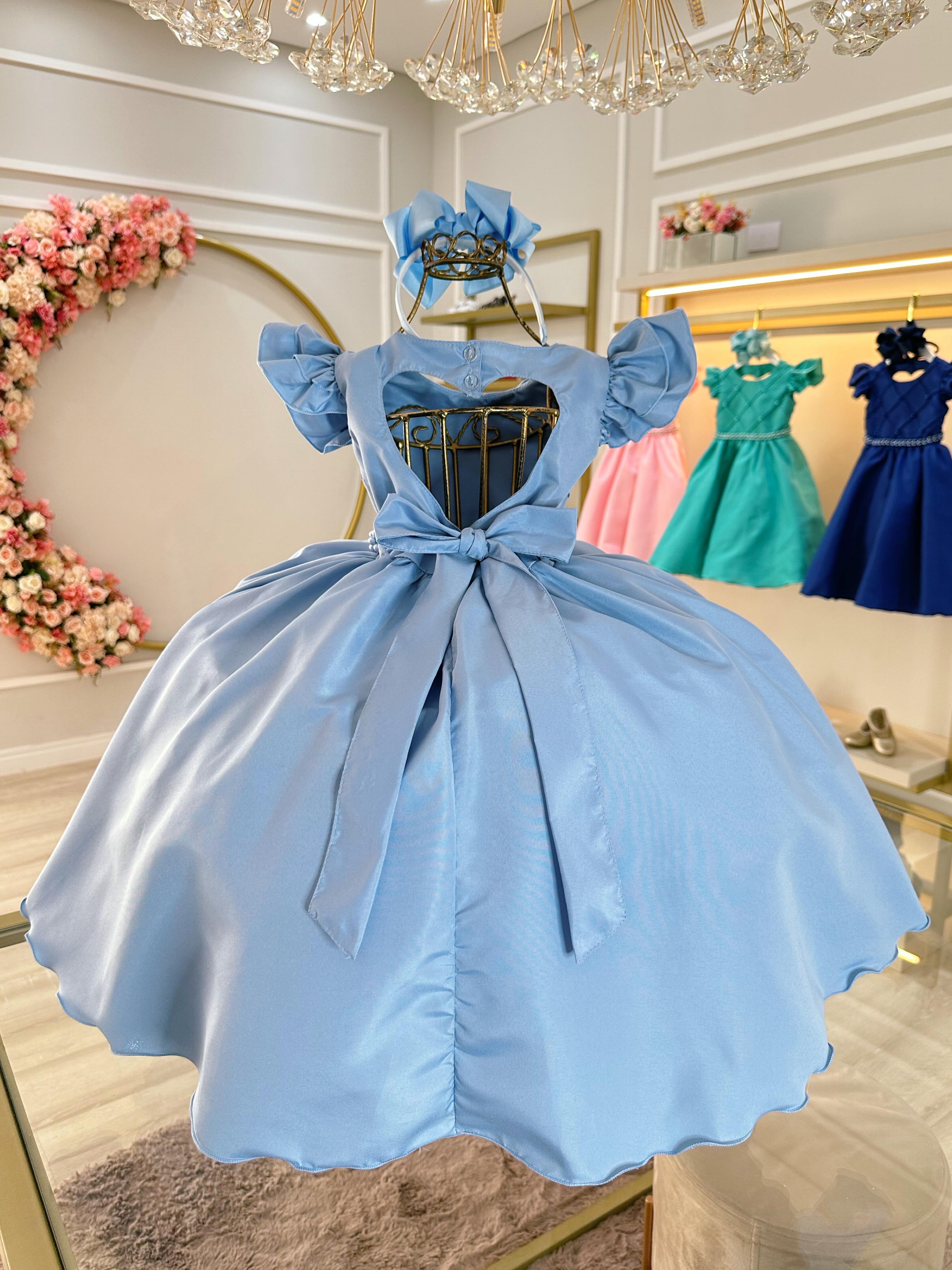 Vestido Infantil Azul Claro Busto Nervura Com Pérolas Festas