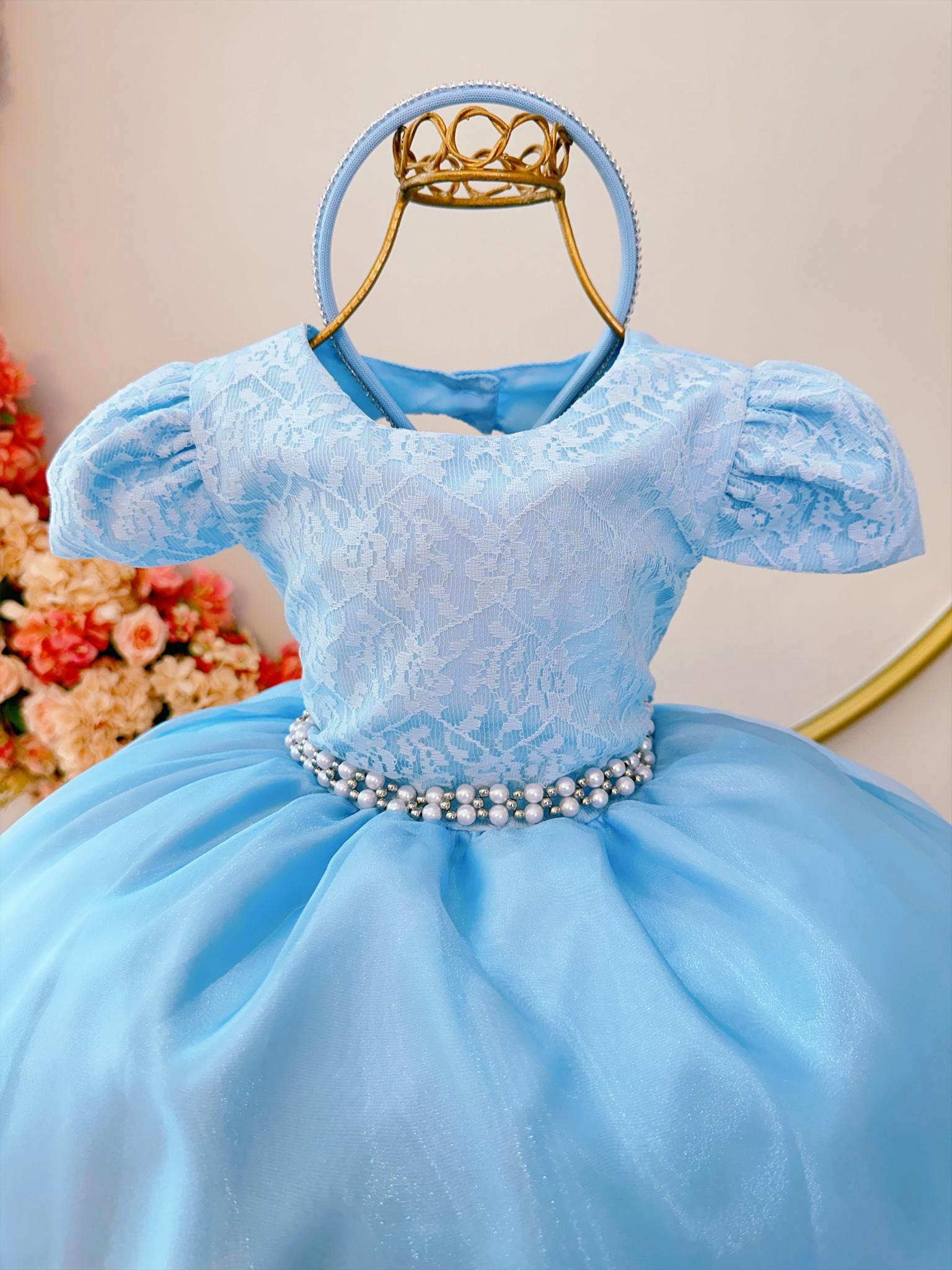 Vestido Infantil Azul Damas Renda Cinto Pérolas Tiara