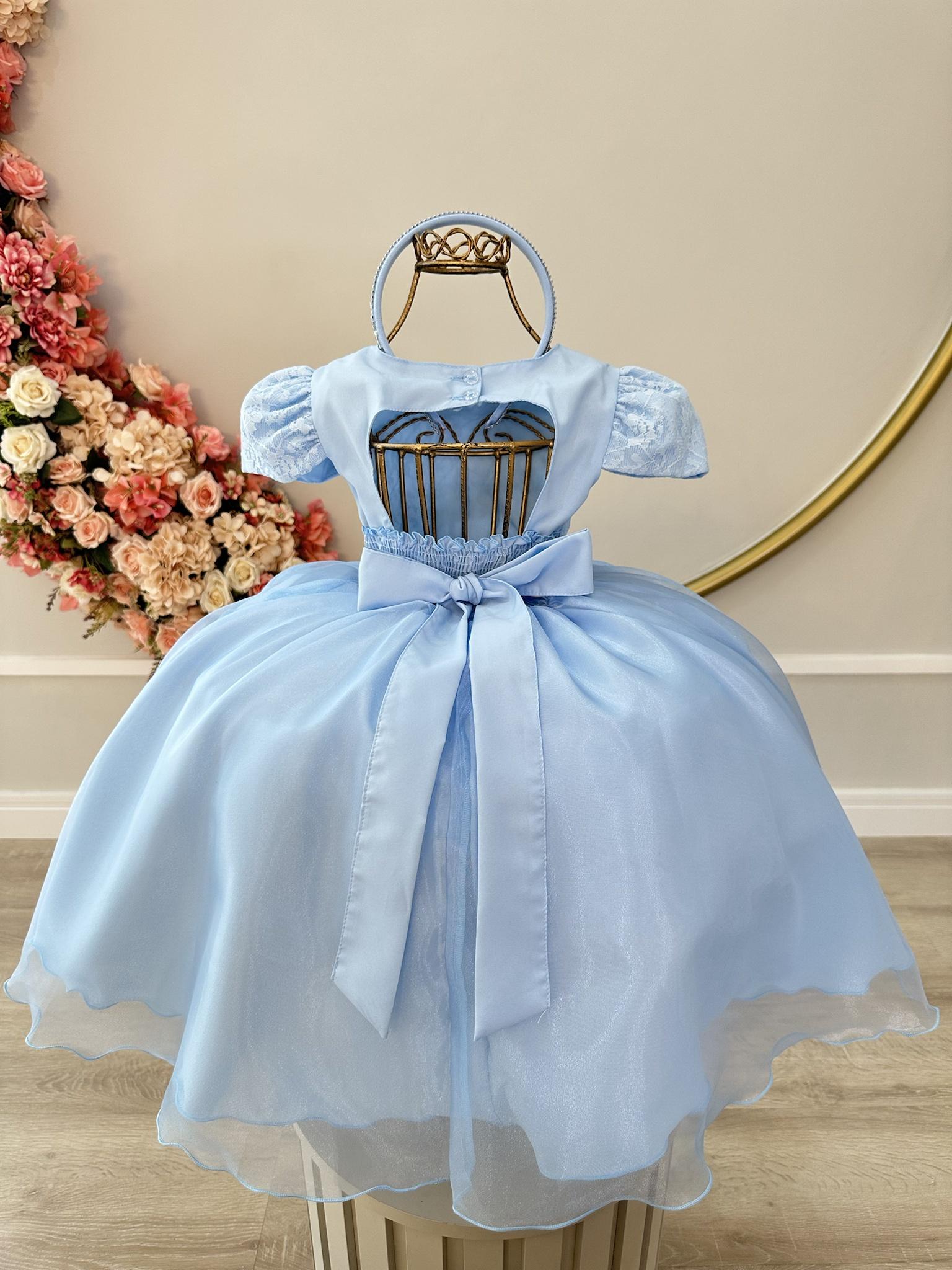 Vestido Infantil Azul Damas Renda Cinto Pérolas Tiara