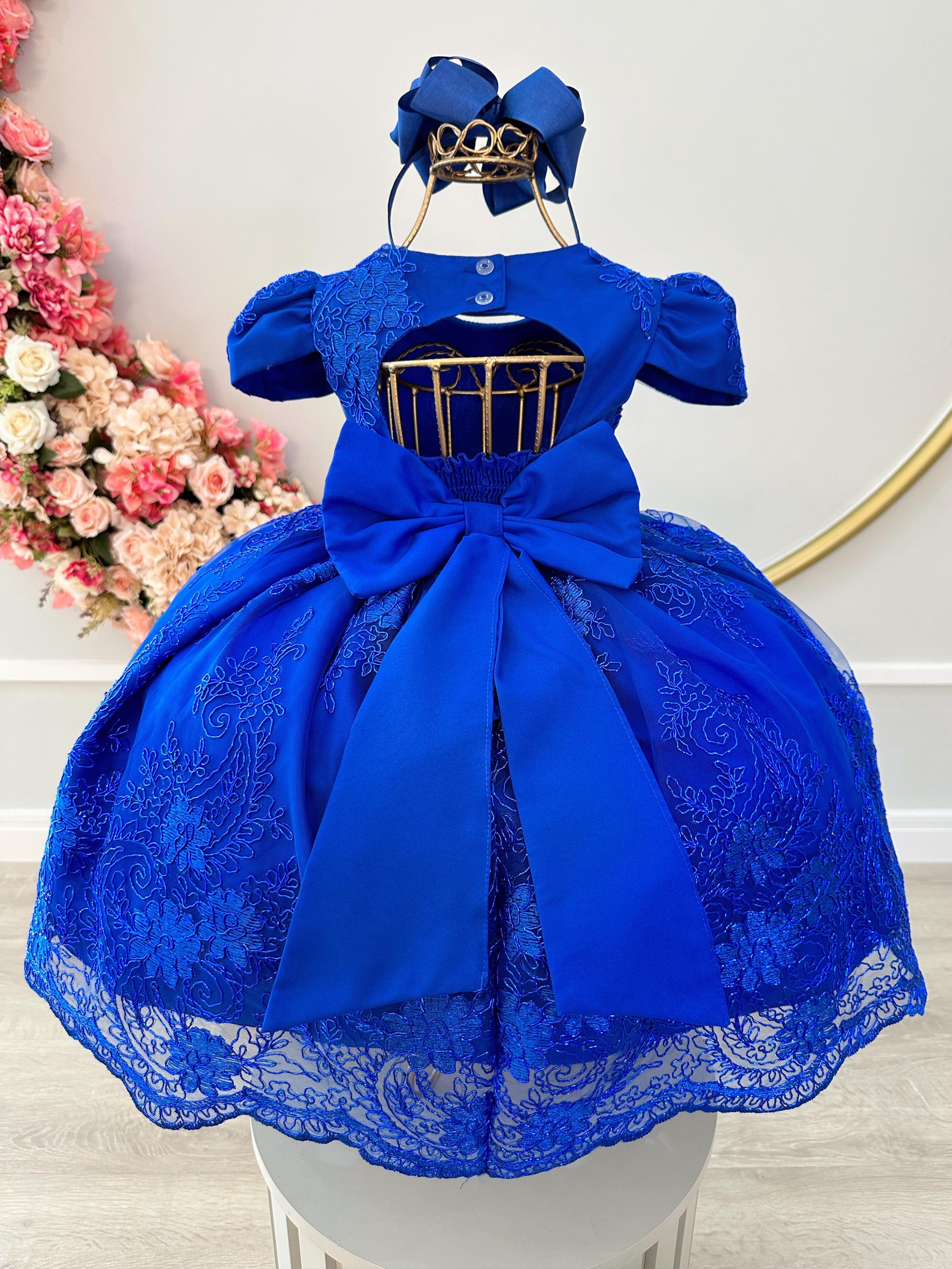 Vestido Infantil Azul Royal C/ Renda Realeza Cinto de Pérolas