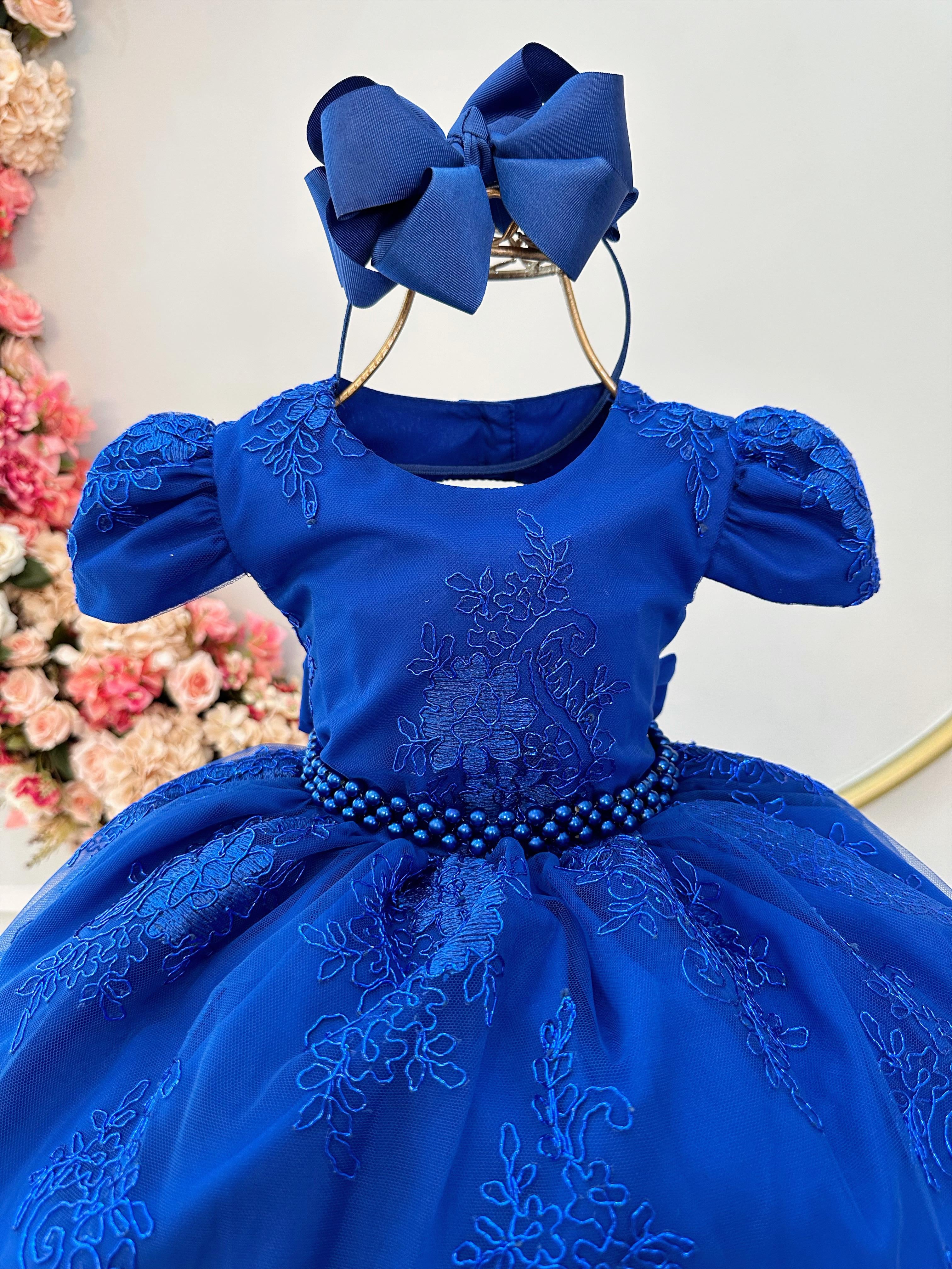 Vestido Infantil Azul Royal C/ Renda Realeza Cinto de Pérolas