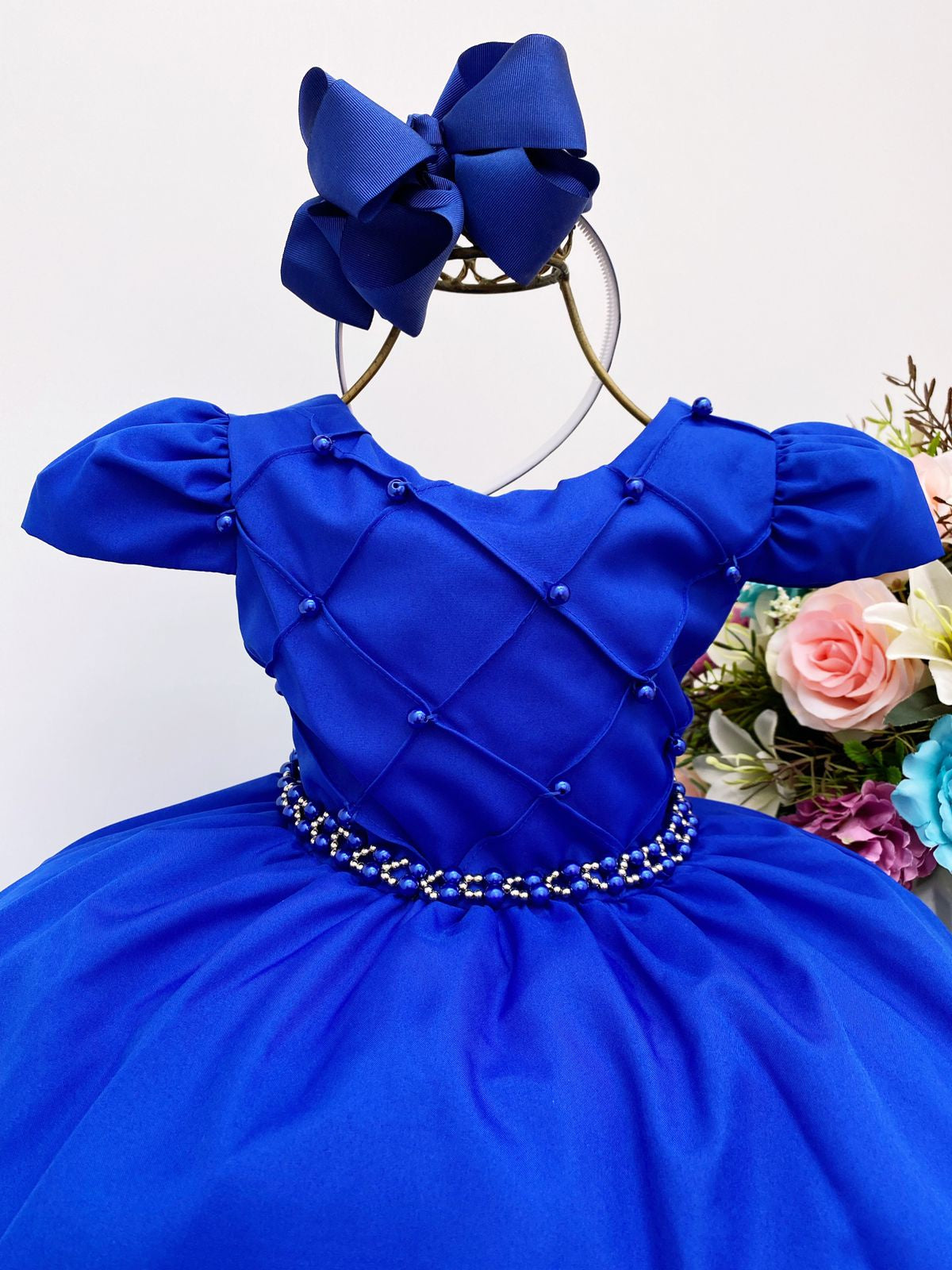 Vestido Infantil Azul Royal Cinto de Pérolas Casamento Luxo