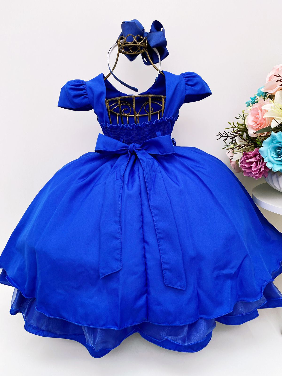 Vestido Infantil Azul Royal Cinto de Pérolas Casamento Luxo
