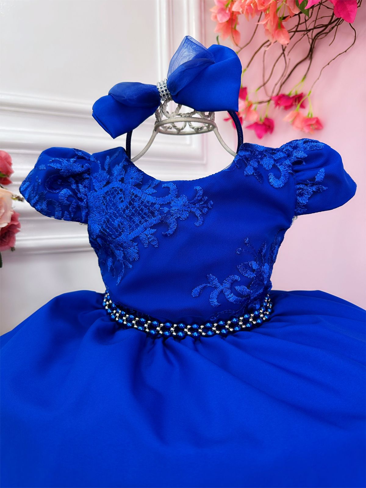Vestido Infantil Azul Royal Renda C/ Cinto Pérolas e Tiara