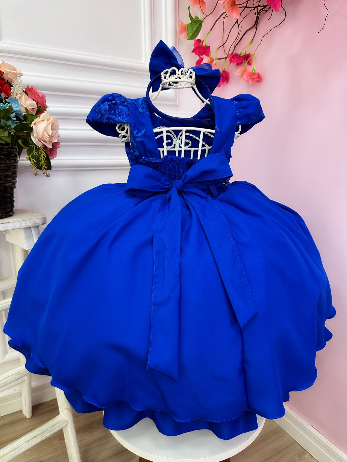 Vestido Infantil Azul Royal Renda C/ Cinto Pérolas e Tiara