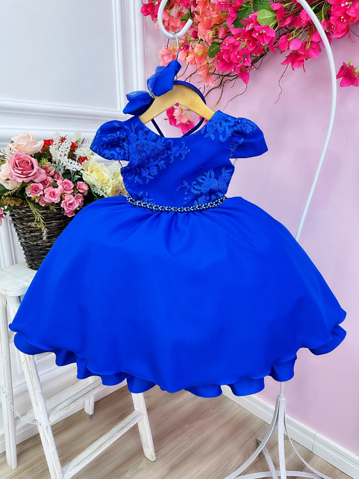 Vestido Infantil Azul Royal Renda C/ Cinto Pérolas e Tiara