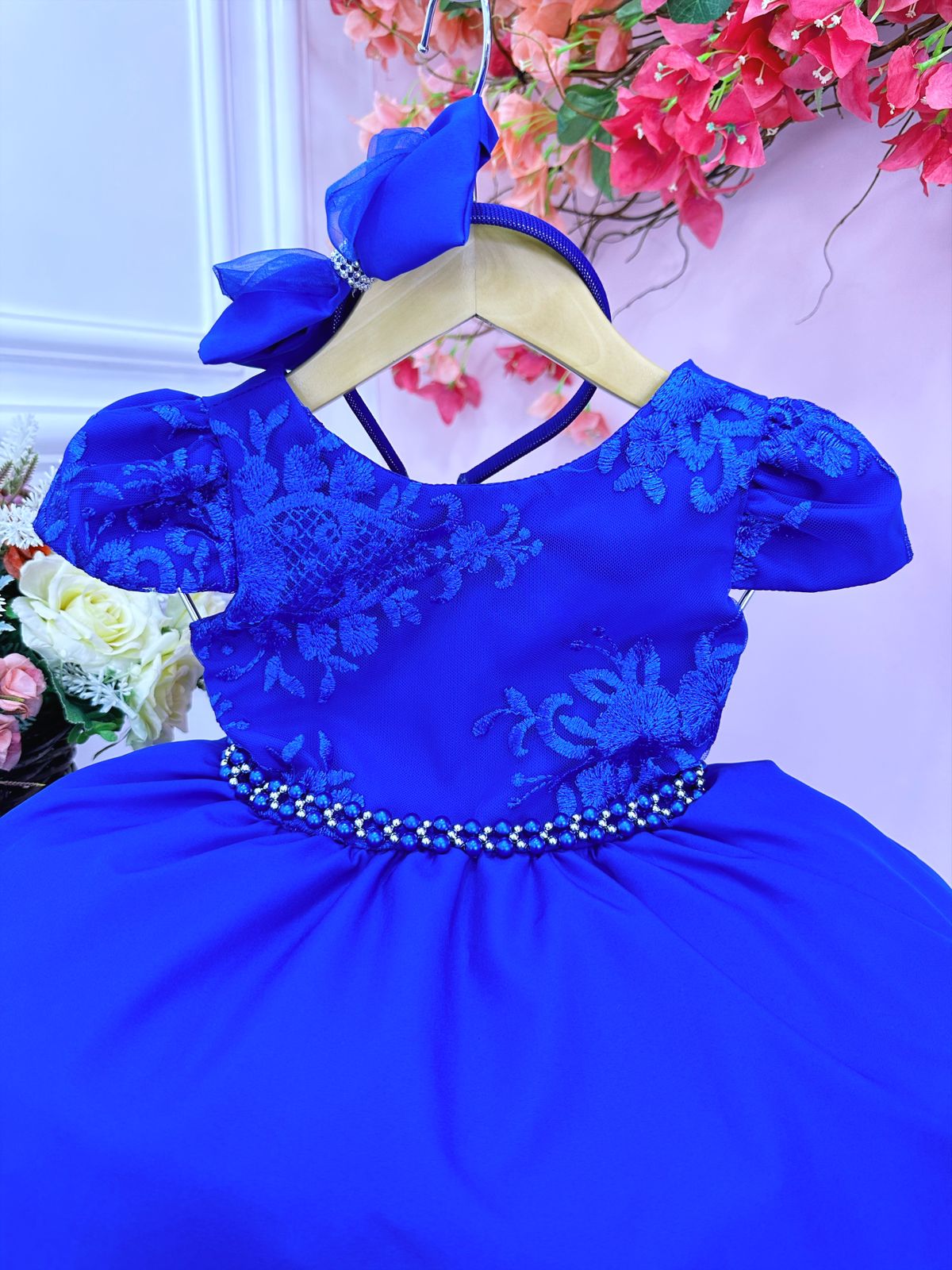 Vestido Infantil Azul Royal Renda C/ Cinto Pérolas e Tiara