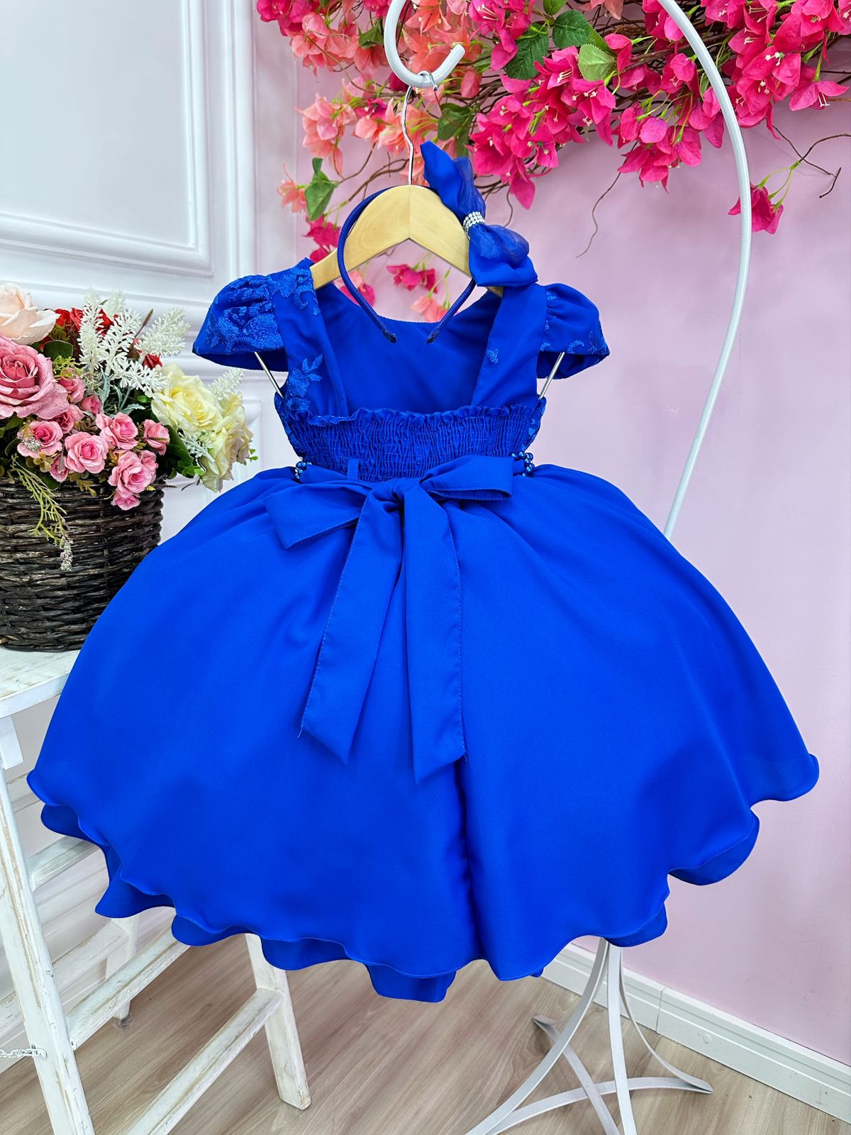 Vestido Infantil Azul Royal Renda C/ Cinto Pérolas e Tiara