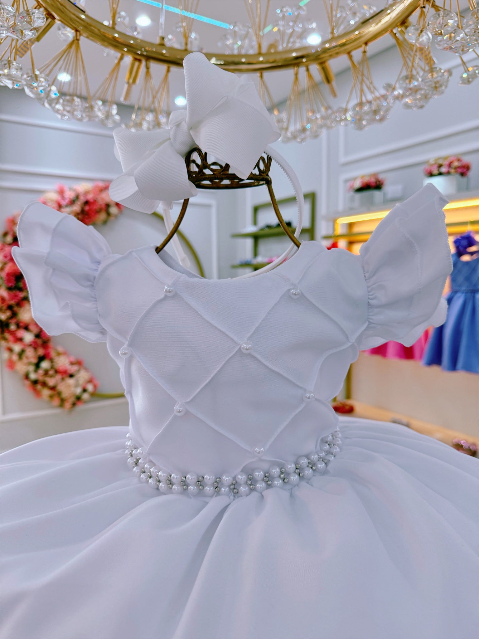 Vestido Infantil Branco Busto Nervura C/ Pérolas Casamentos