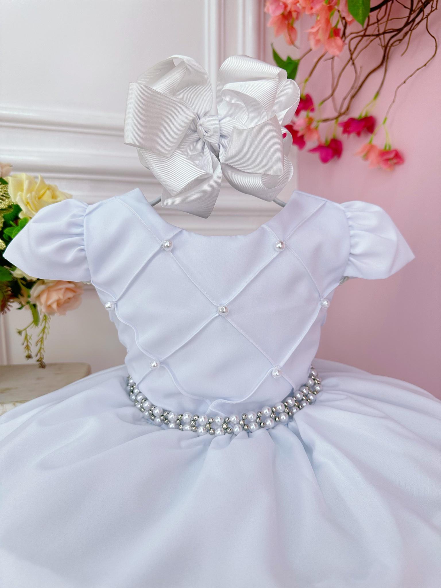 Vestido Infantil Branco Cinto Pérolas Damas Casamento Luxo