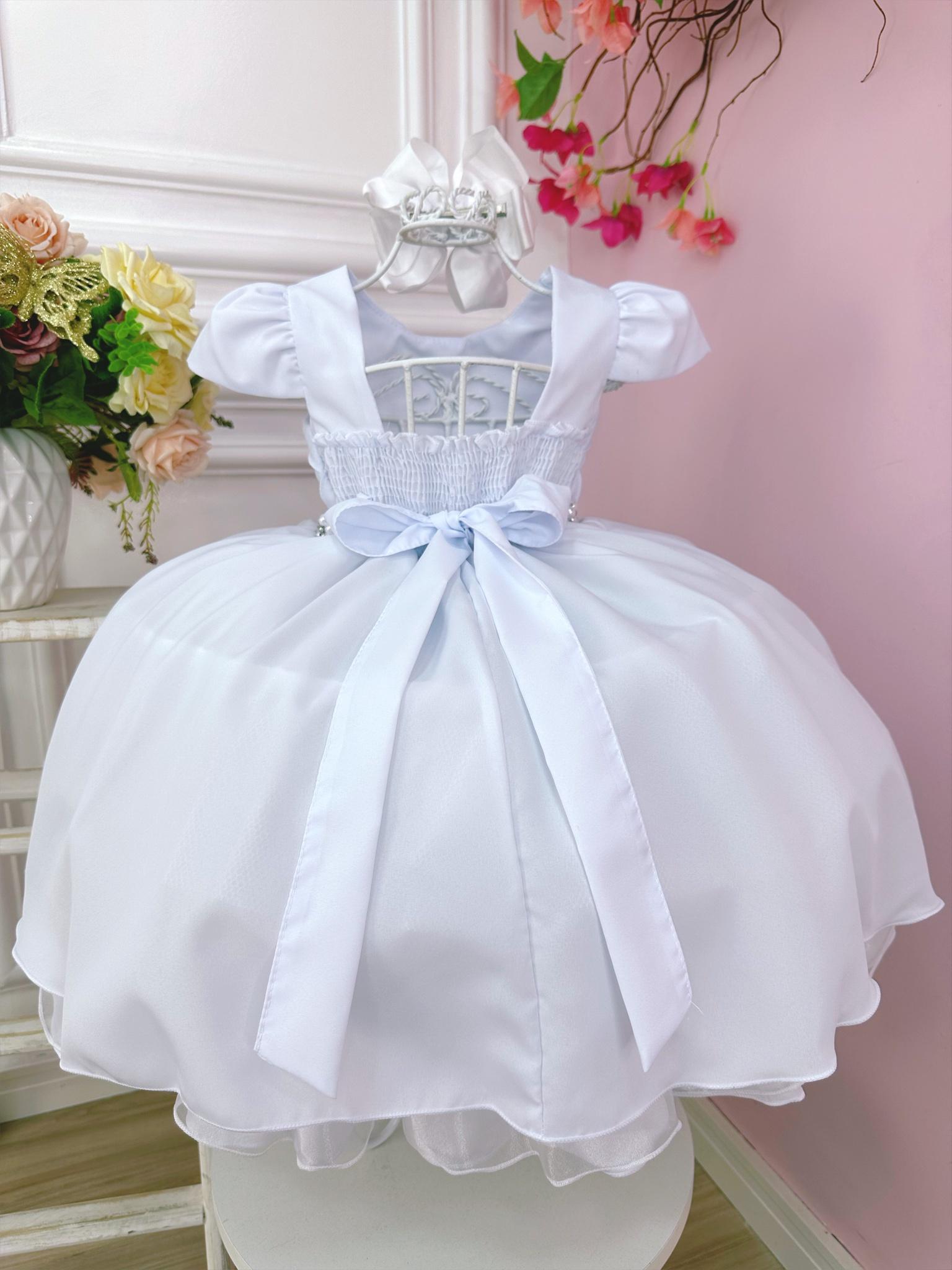 Vestido Infantil Branco Cinto Pérolas Damas Casamento Luxo