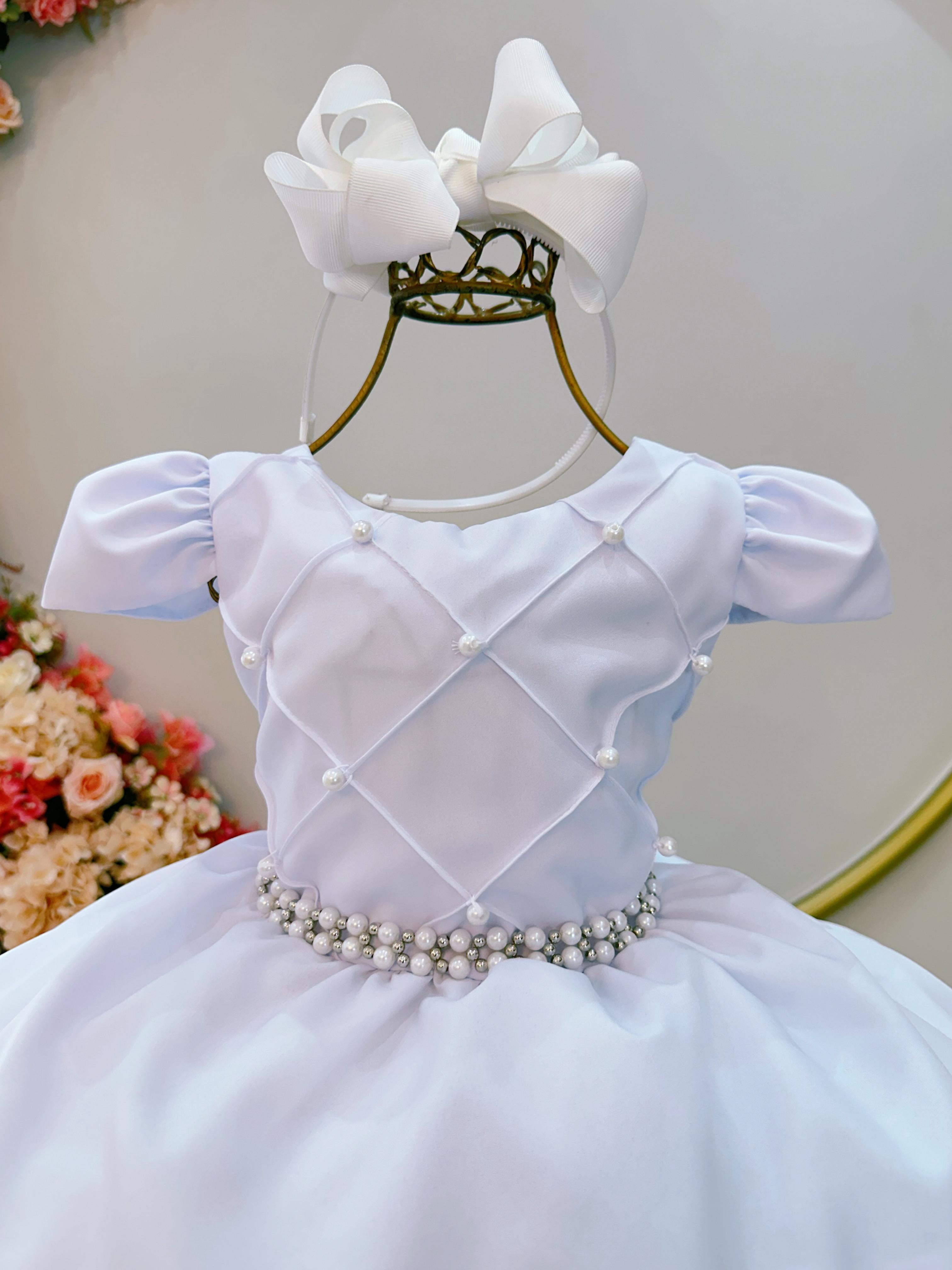 Vestido Infantil Branco Cinto Pérolas Damas Casamento Luxo