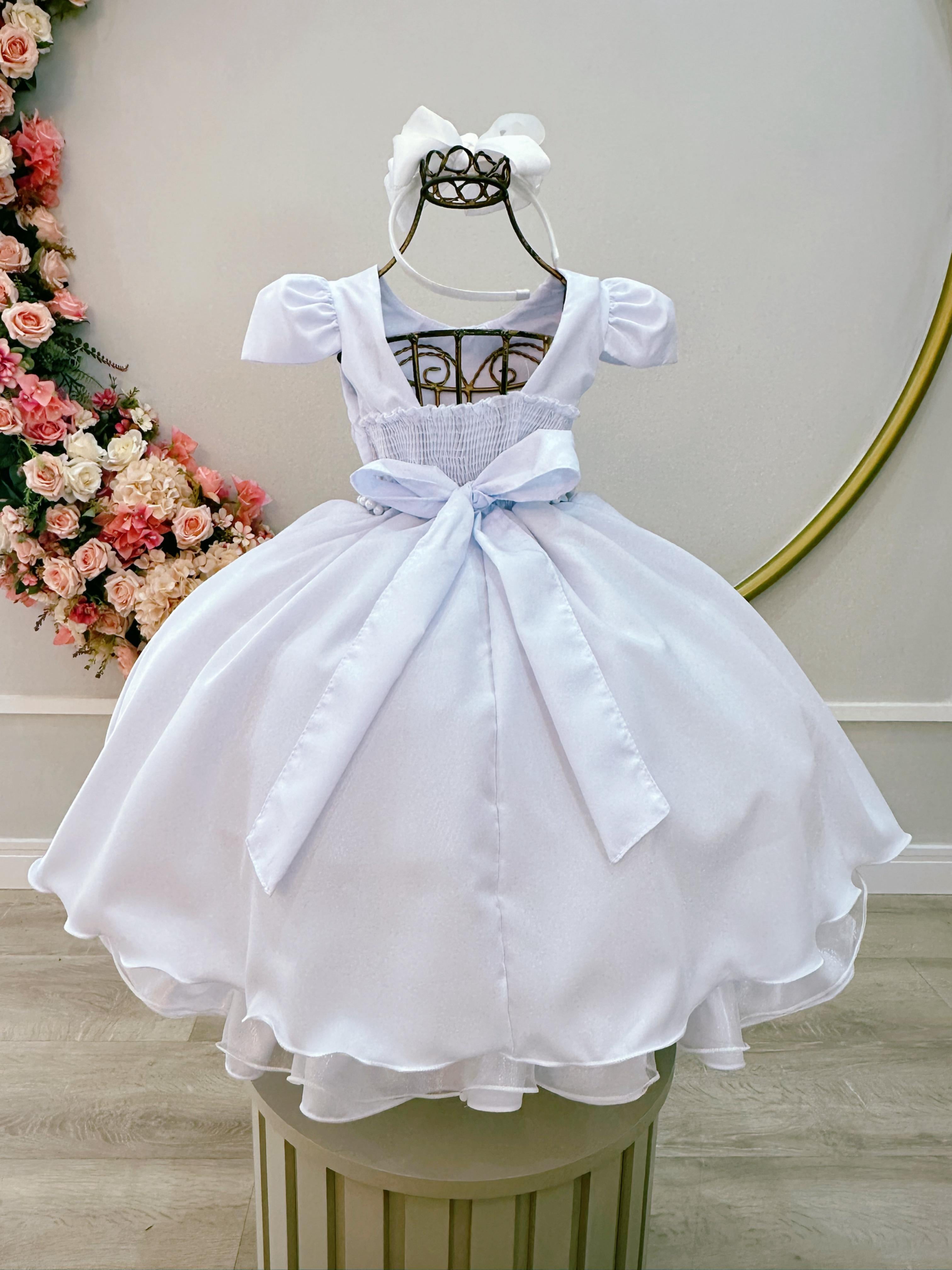 Vestido Infantil Branco Cinto Pérolas Damas Casamento Luxo