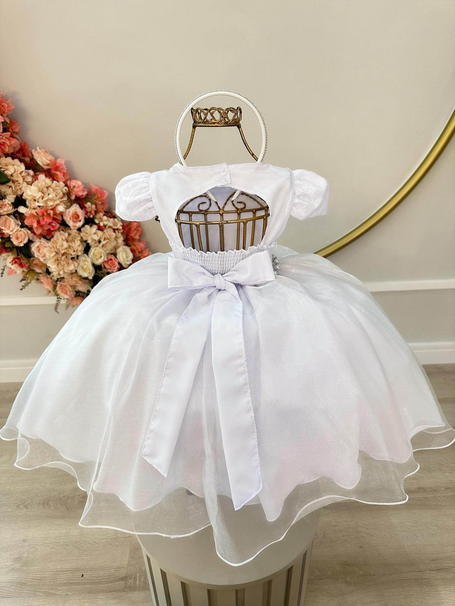 Vestido Infantil Branco Renda Damas Cinto Pérolas Tiara Luxo