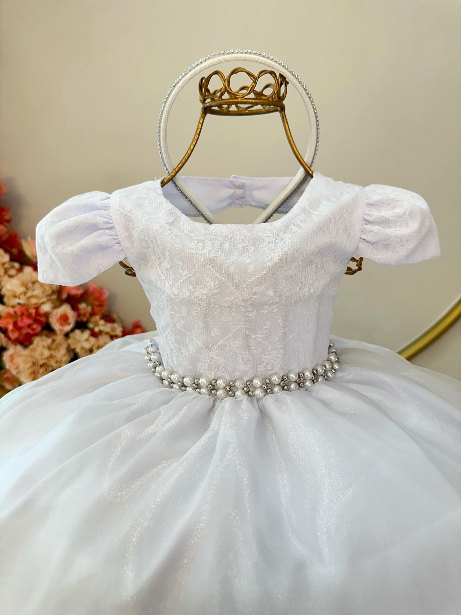 Vestido Infantil Branco Renda Damas Cinto Pérolas Tiara Luxo