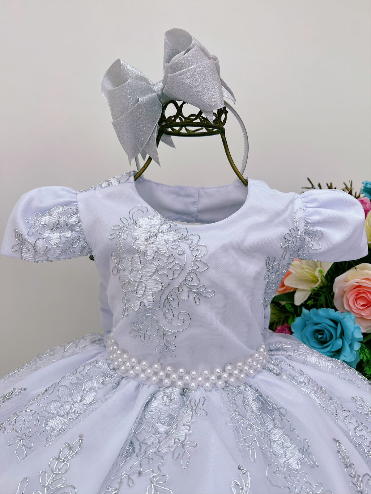 Vestido Infantil Branco Renda Realeza Cinto de Pérolas Luxo