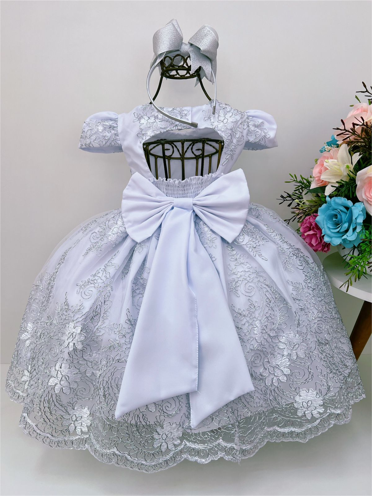 Vestido Infantil Branco Renda Realeza Cinto de Pérolas Luxo