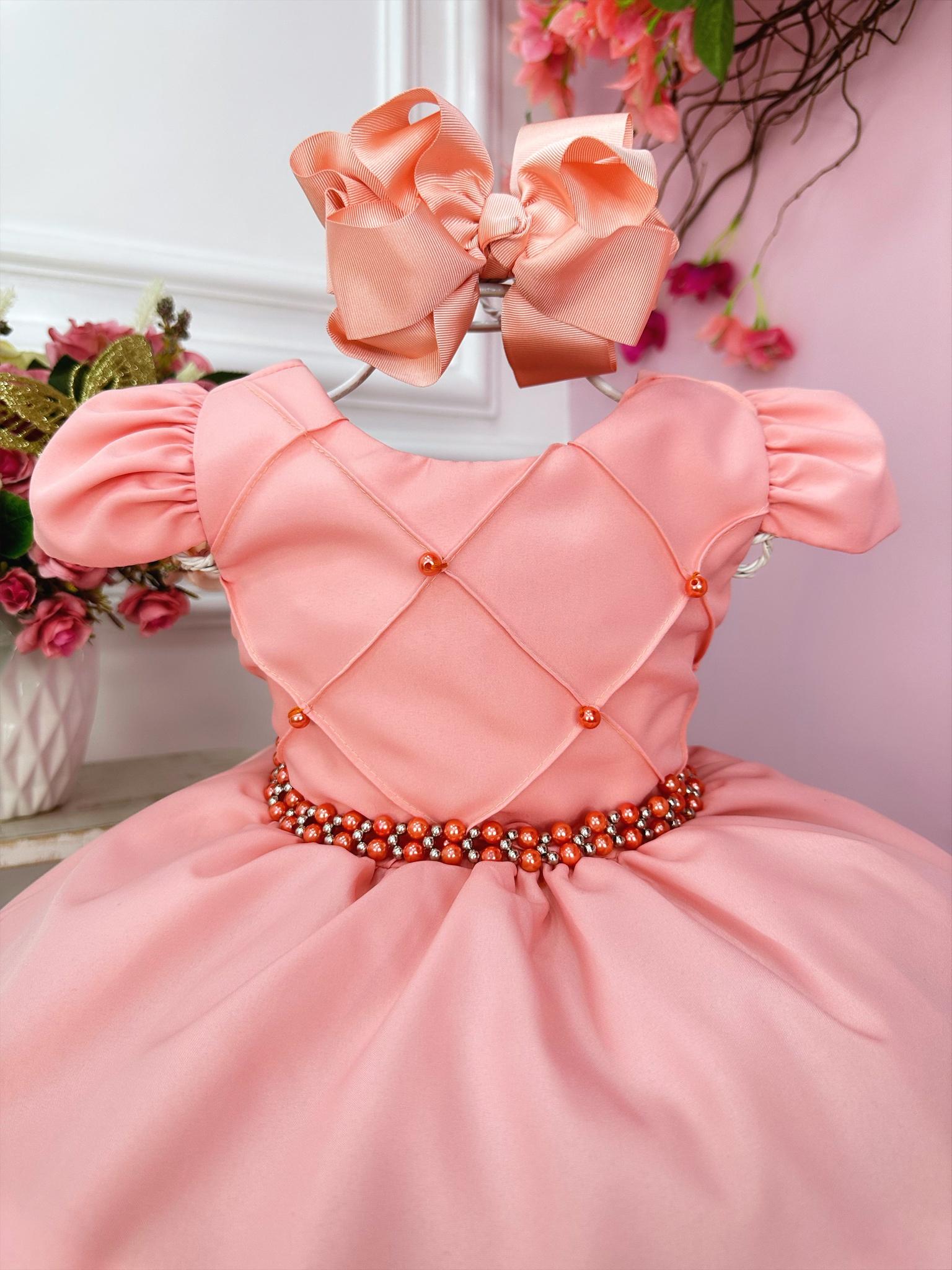 Vestido Infantil Goiaba Cinto de Pérolas Casamento Luxo