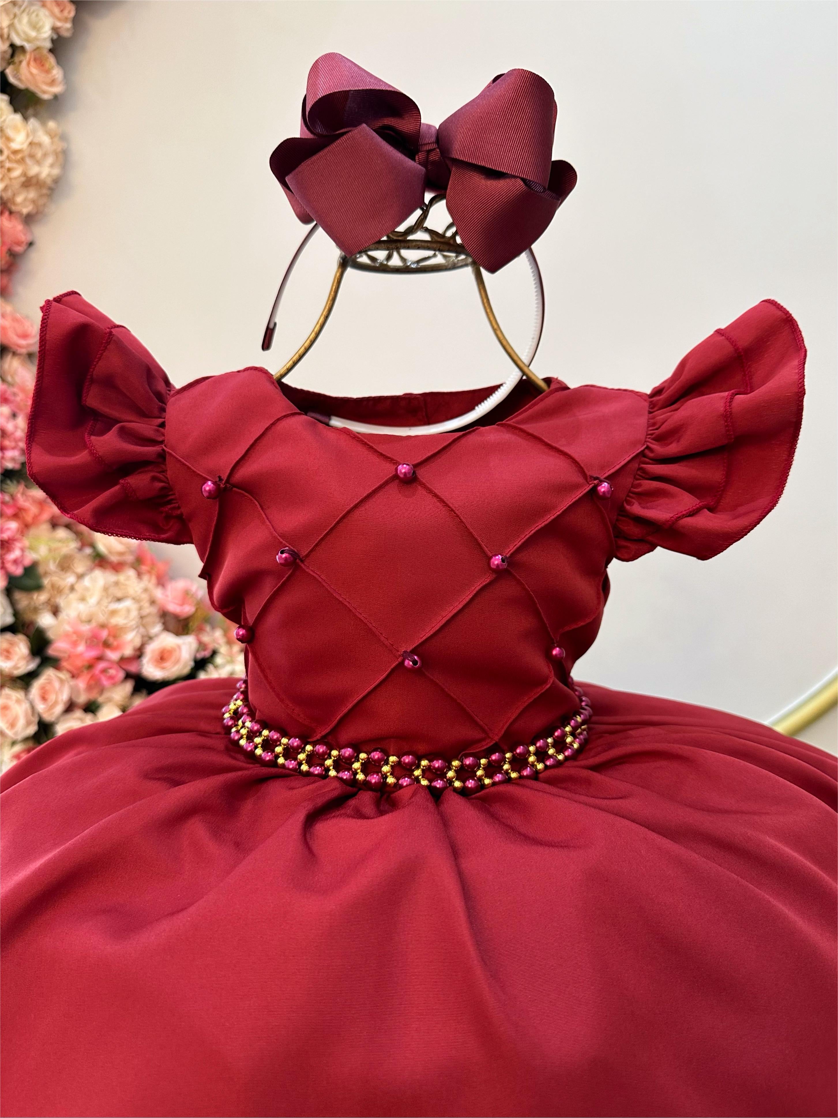 Vestido Infantil Marsala Busto Nervura C/ Pérolas Casamentos