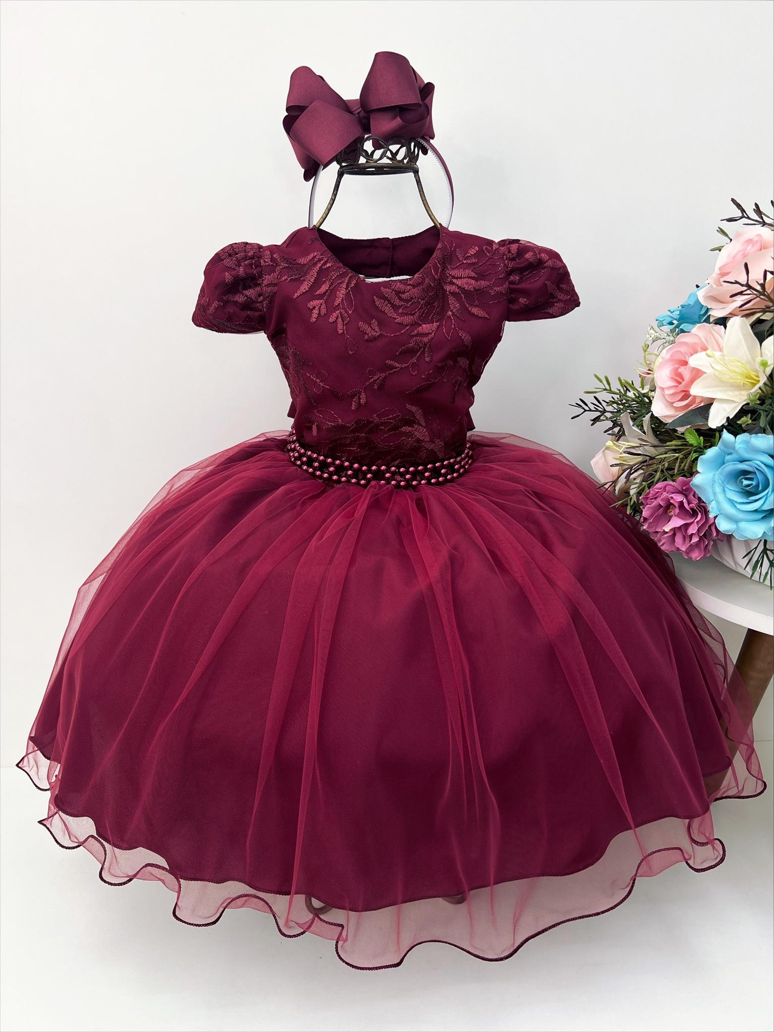 Vestido Infantil Marsala C/ Tiara e Cinto de Pérolas Renda