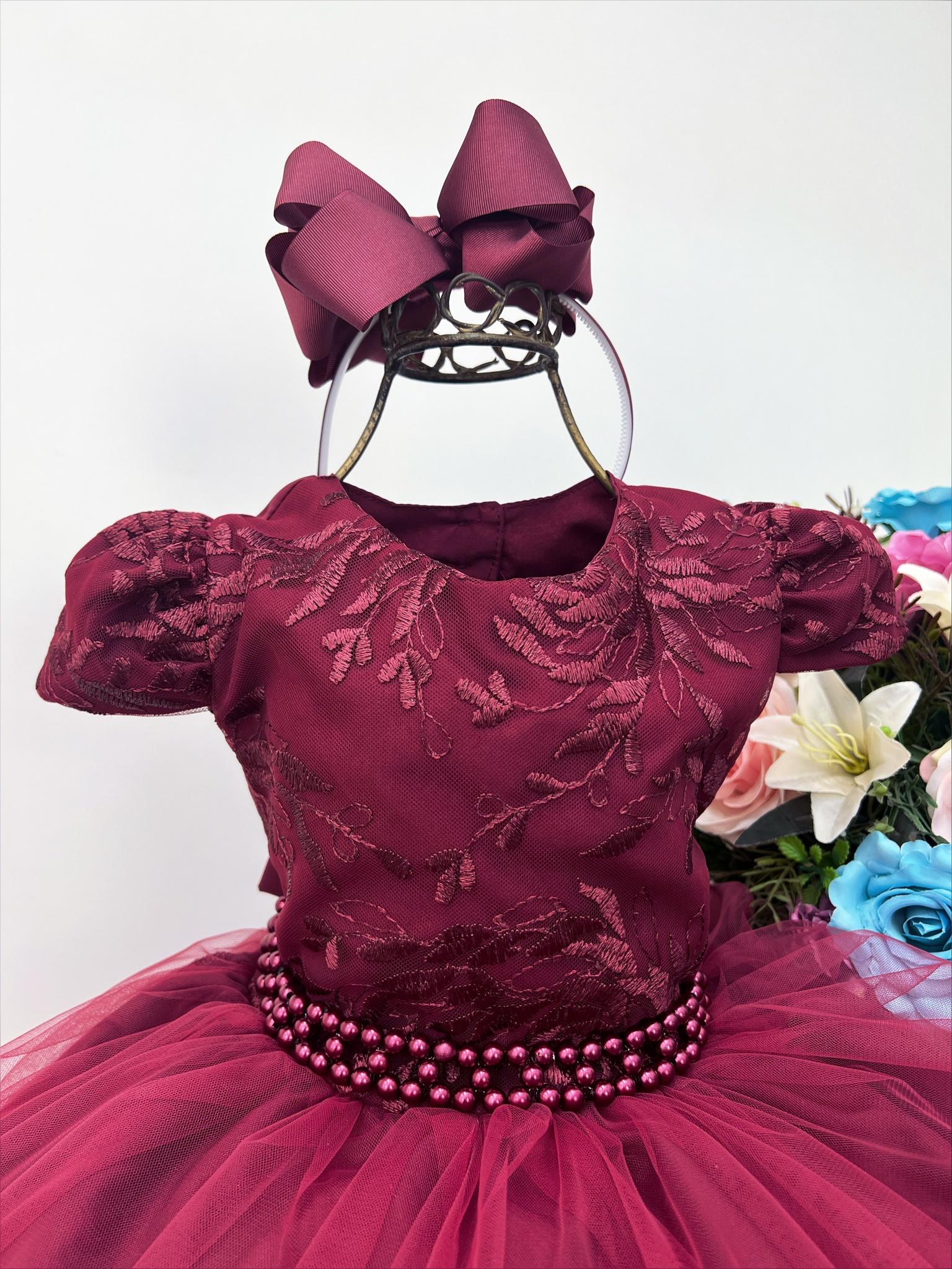 Vestido Infantil Marsala C/ Tiara e Cinto de Pérolas Renda