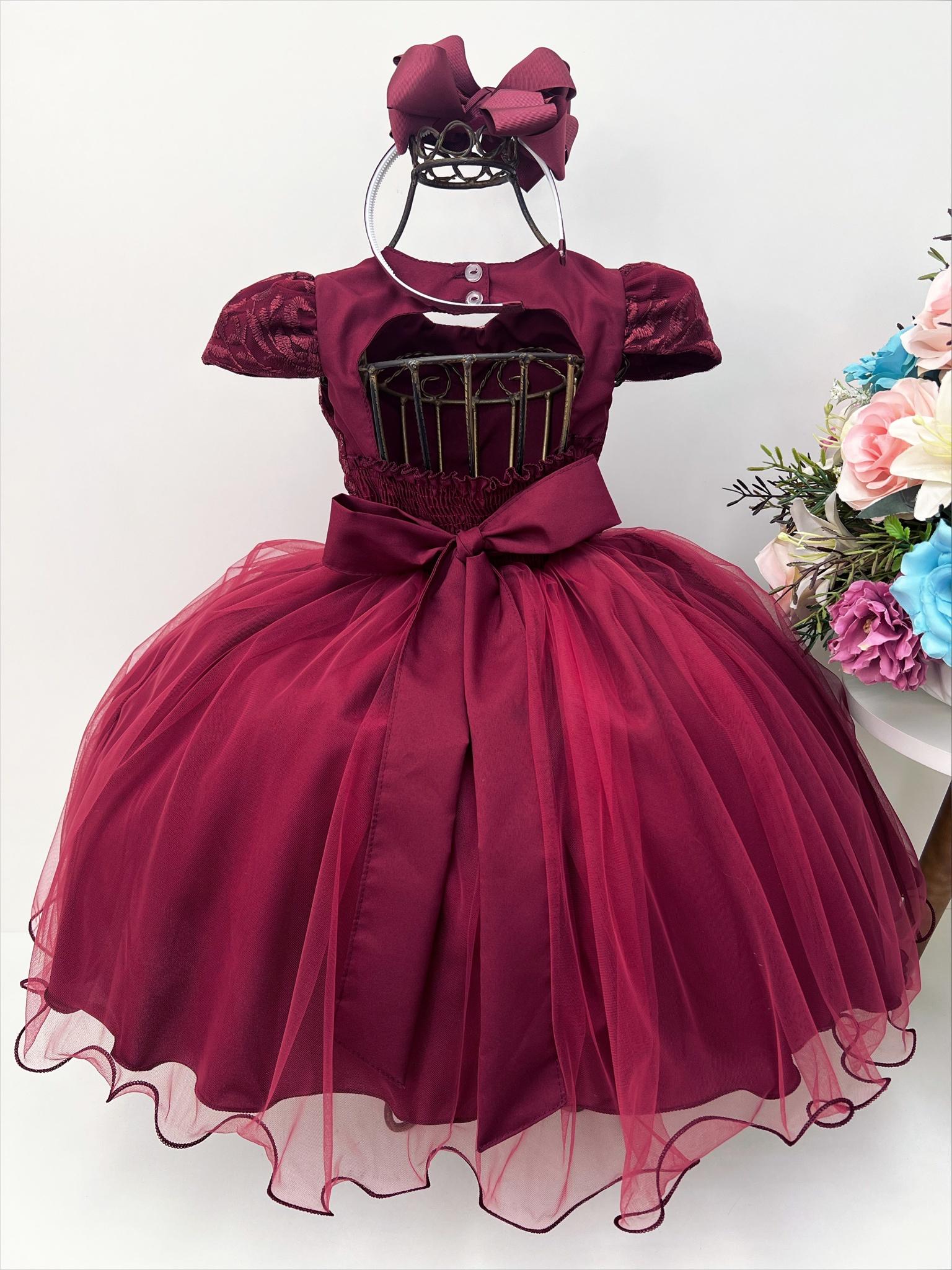 Vestido Infantil Marsala C/ Tiara e Cinto de Pérolas Renda