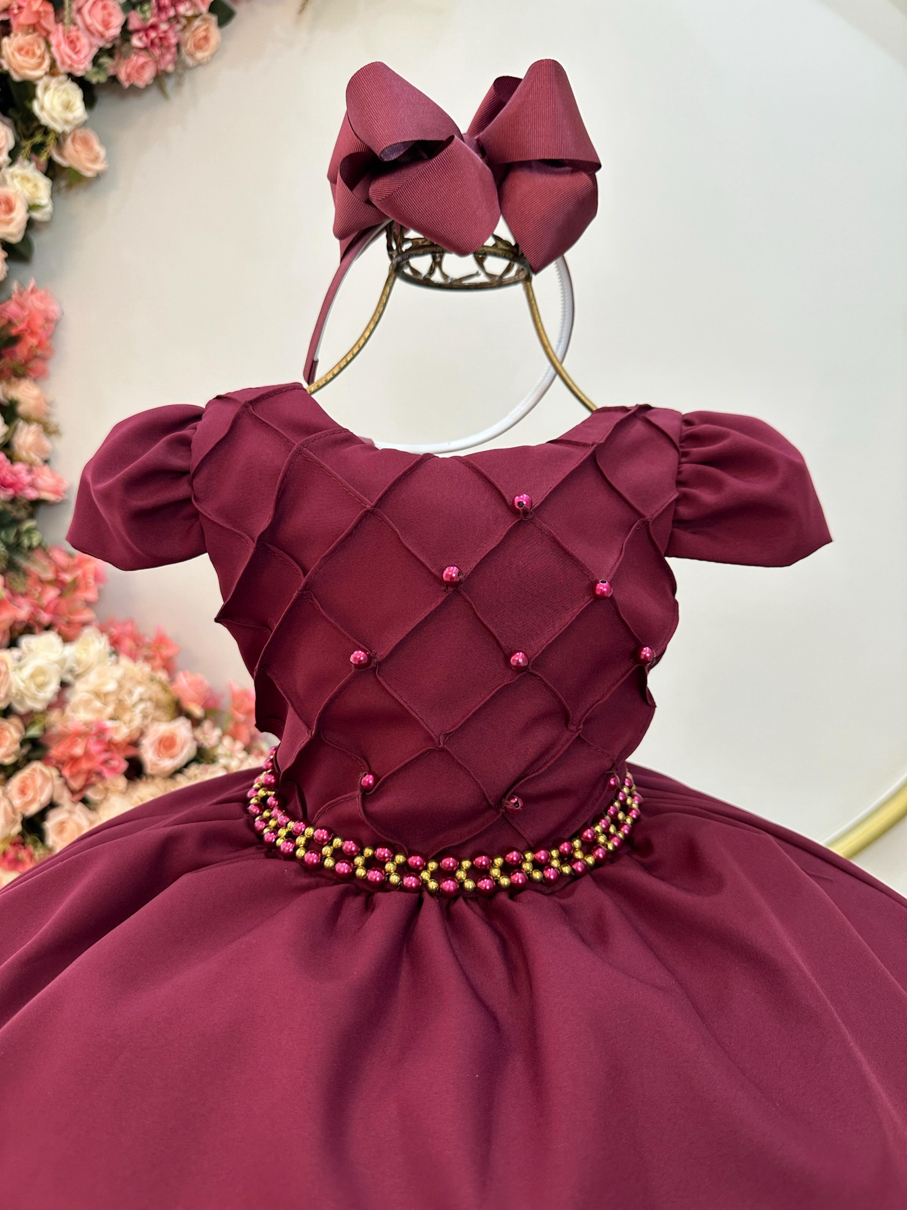 Vestido Infantil Marsala Cinto de Pérolas Casamento Luxo