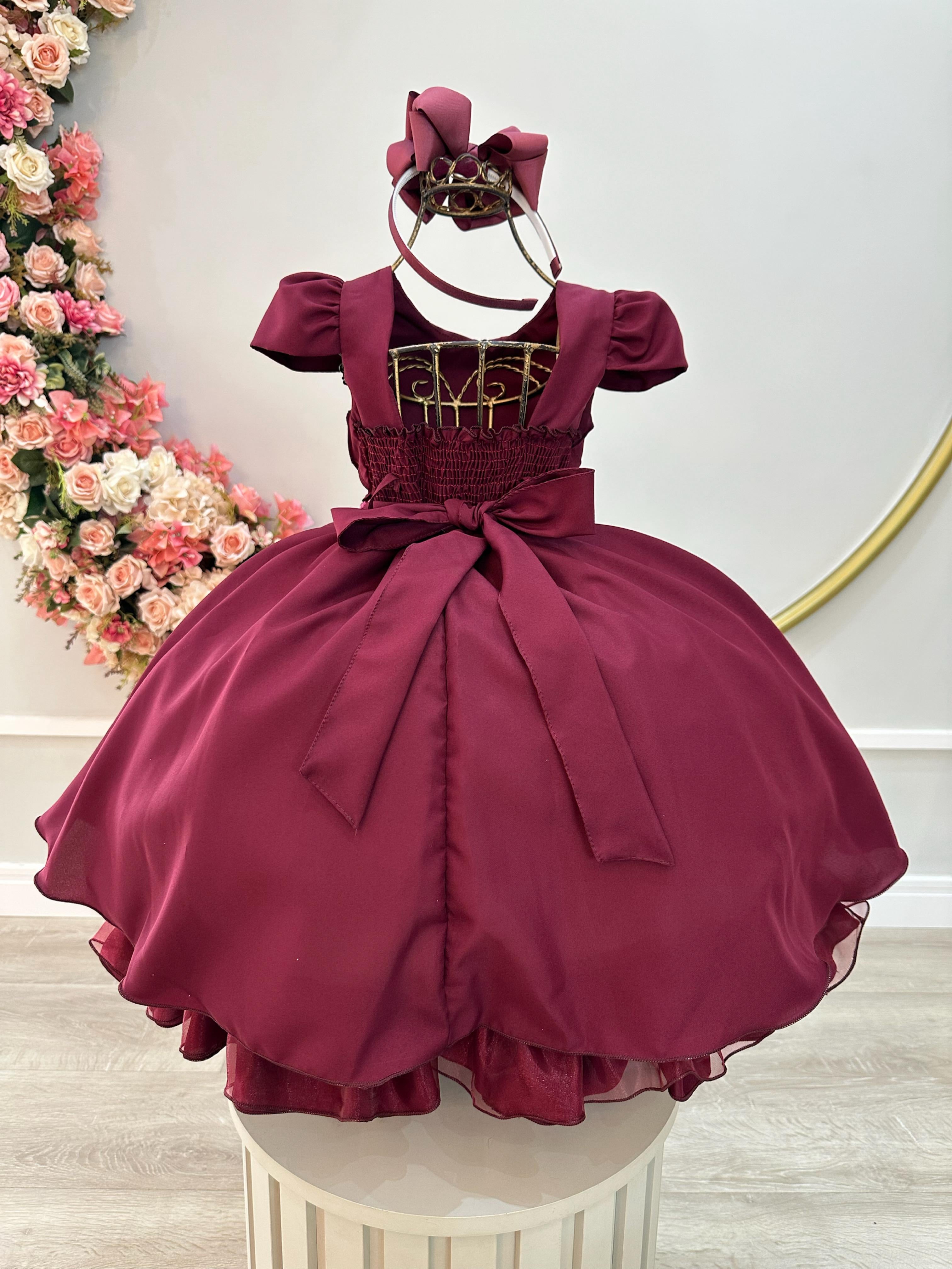 Vestido Infantil Marsala Cinto de Pérolas Casamento Luxo