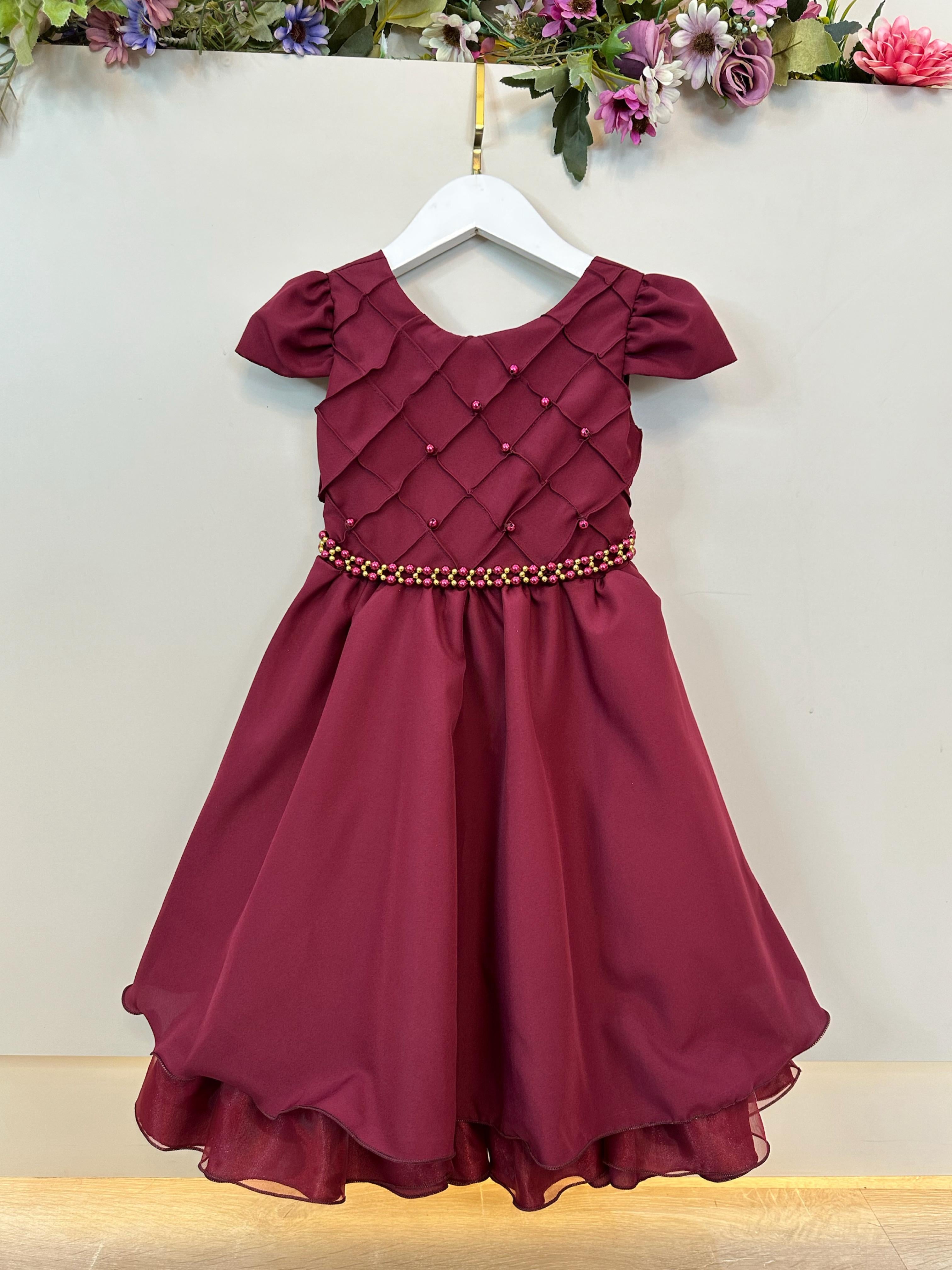Vestido Infantil Marsala Cinto de Pérolas Casamento Luxo