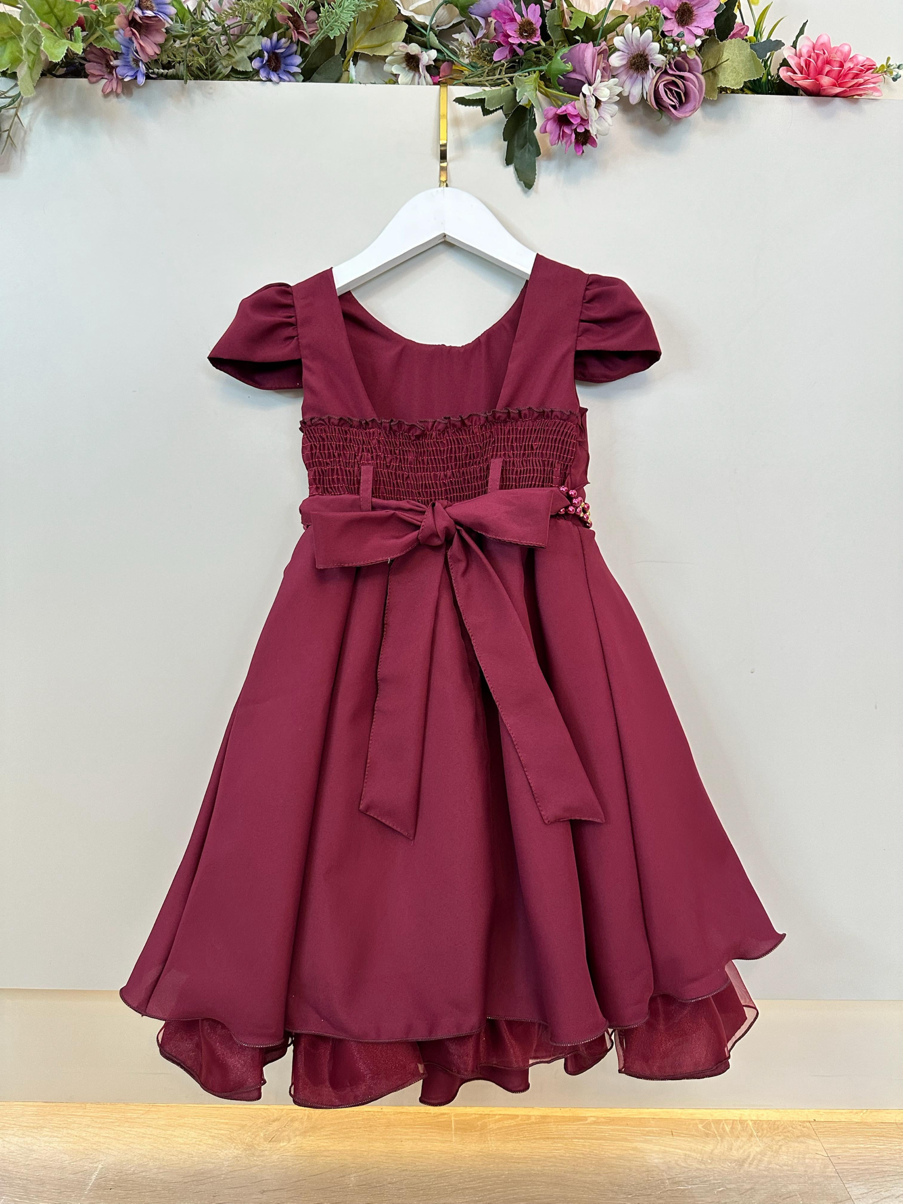Vestido Infantil Marsala Cinto de Pérolas Casamento Luxo