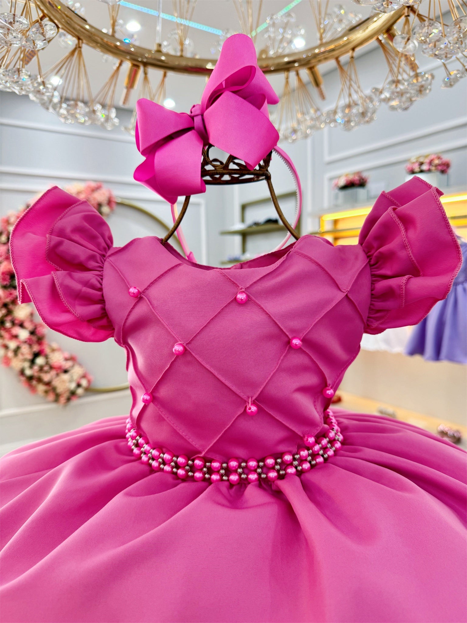 Vestido Infantil Rosa Chiclete Busto C/ Pérolas Nervura 