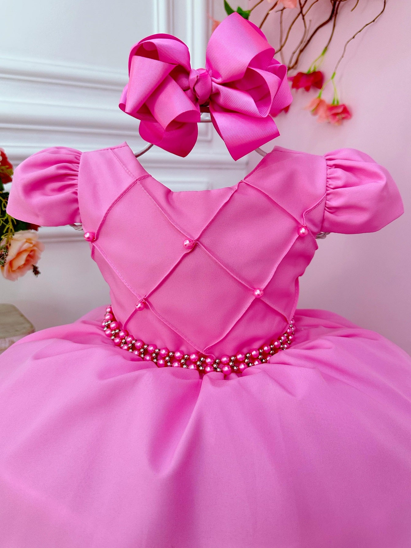 Vestido Infantil Rosa C/ Cinto de Pérolas Casamento Luxo