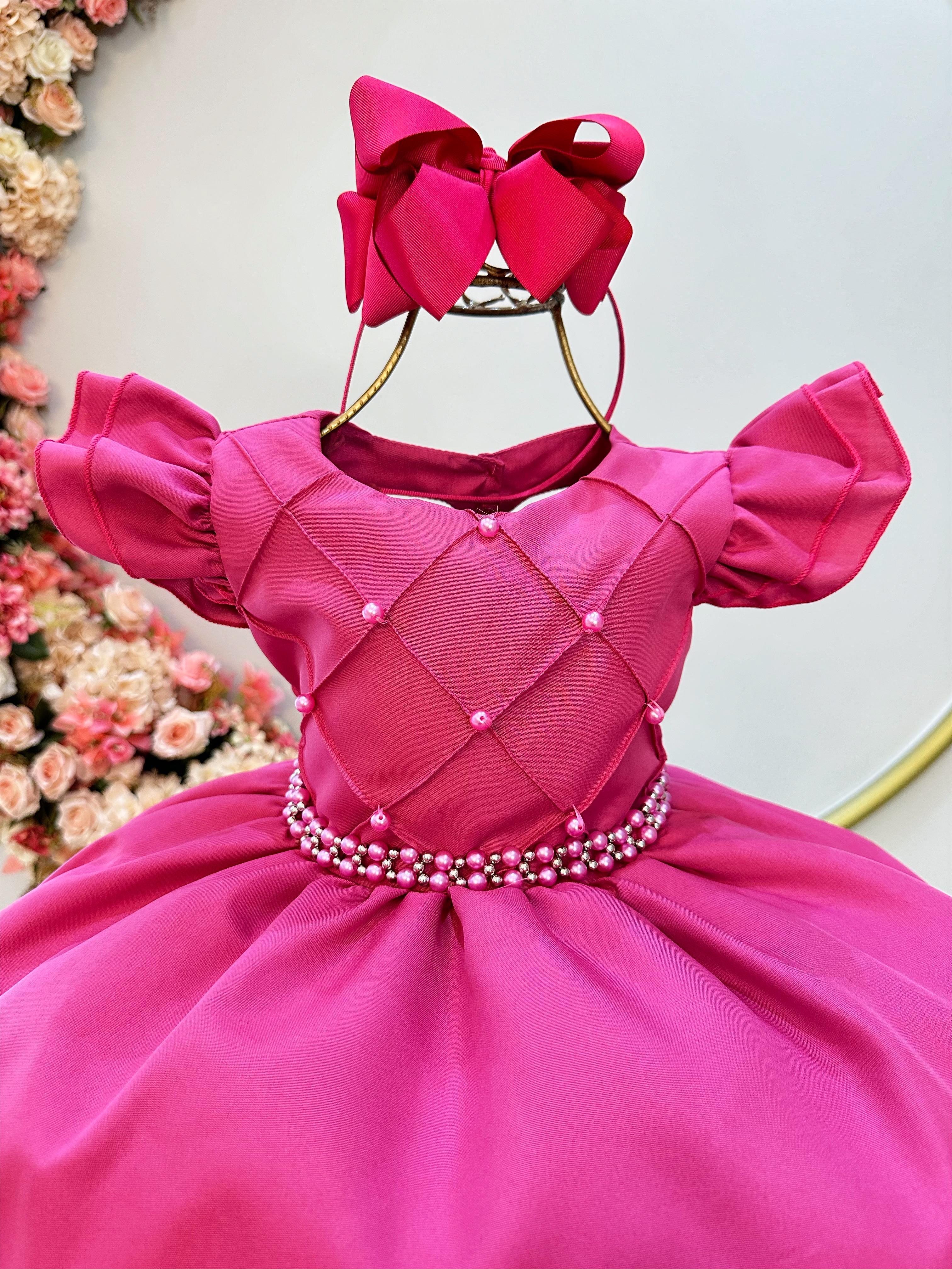 Vestido Infantil Rosa Escuro Busto Nervura C/ Pérolas Festas
