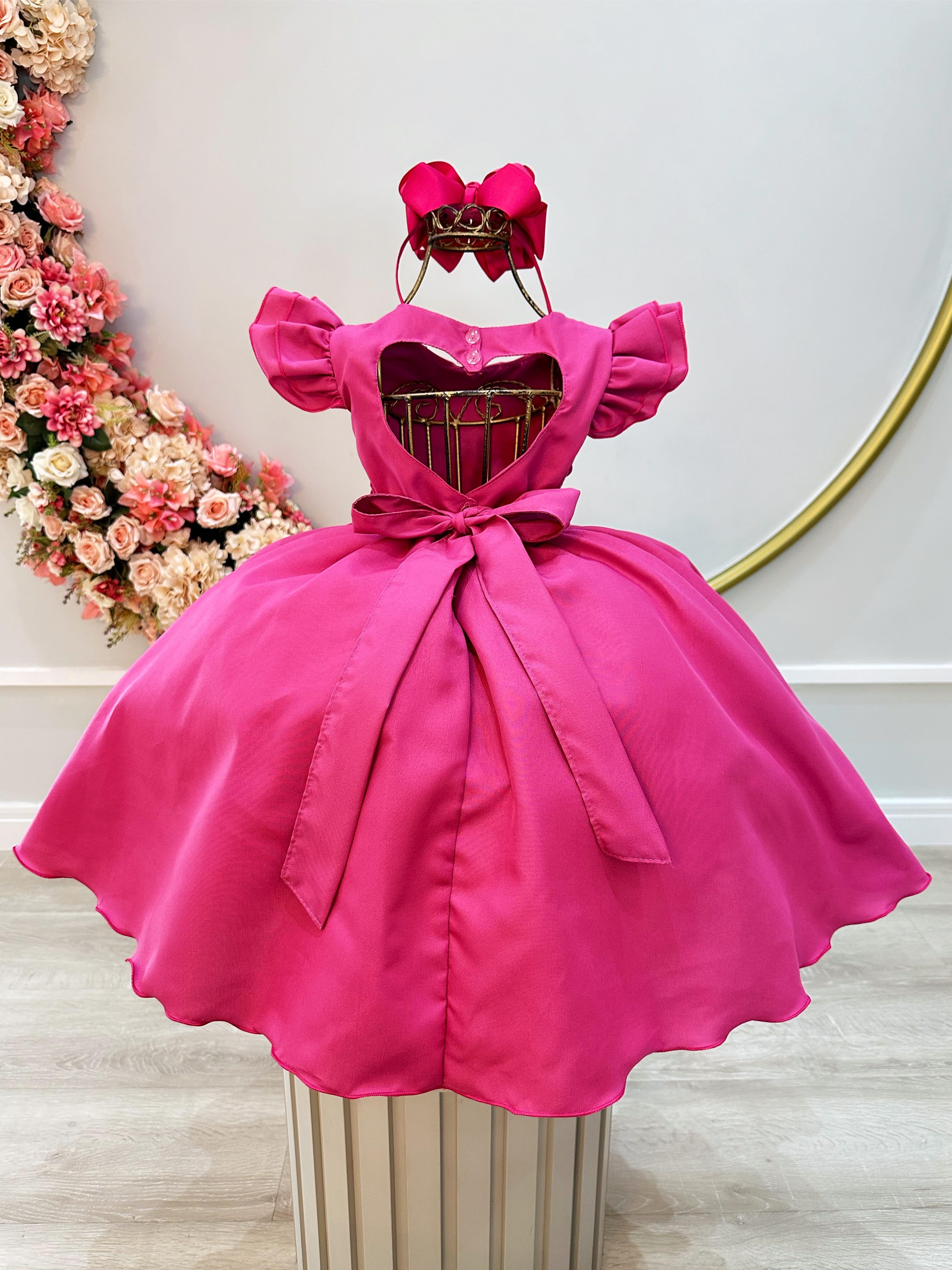 Vestido Infantil Rosa Escuro Busto Nervura C/ Pérolas Festas