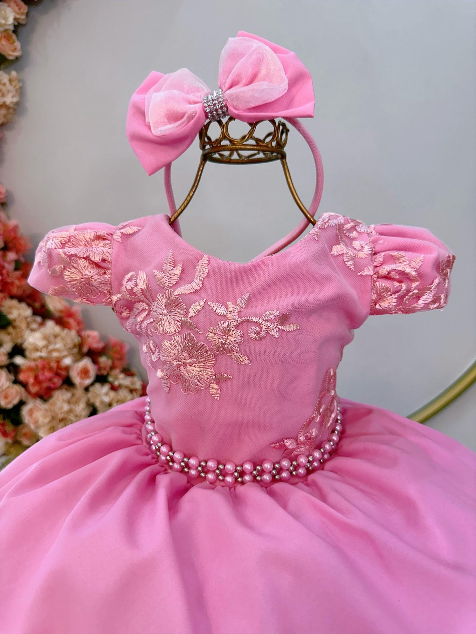 Vestido Infantil Rosa Chiclete Renda Damas C/ Pérolas Tiara