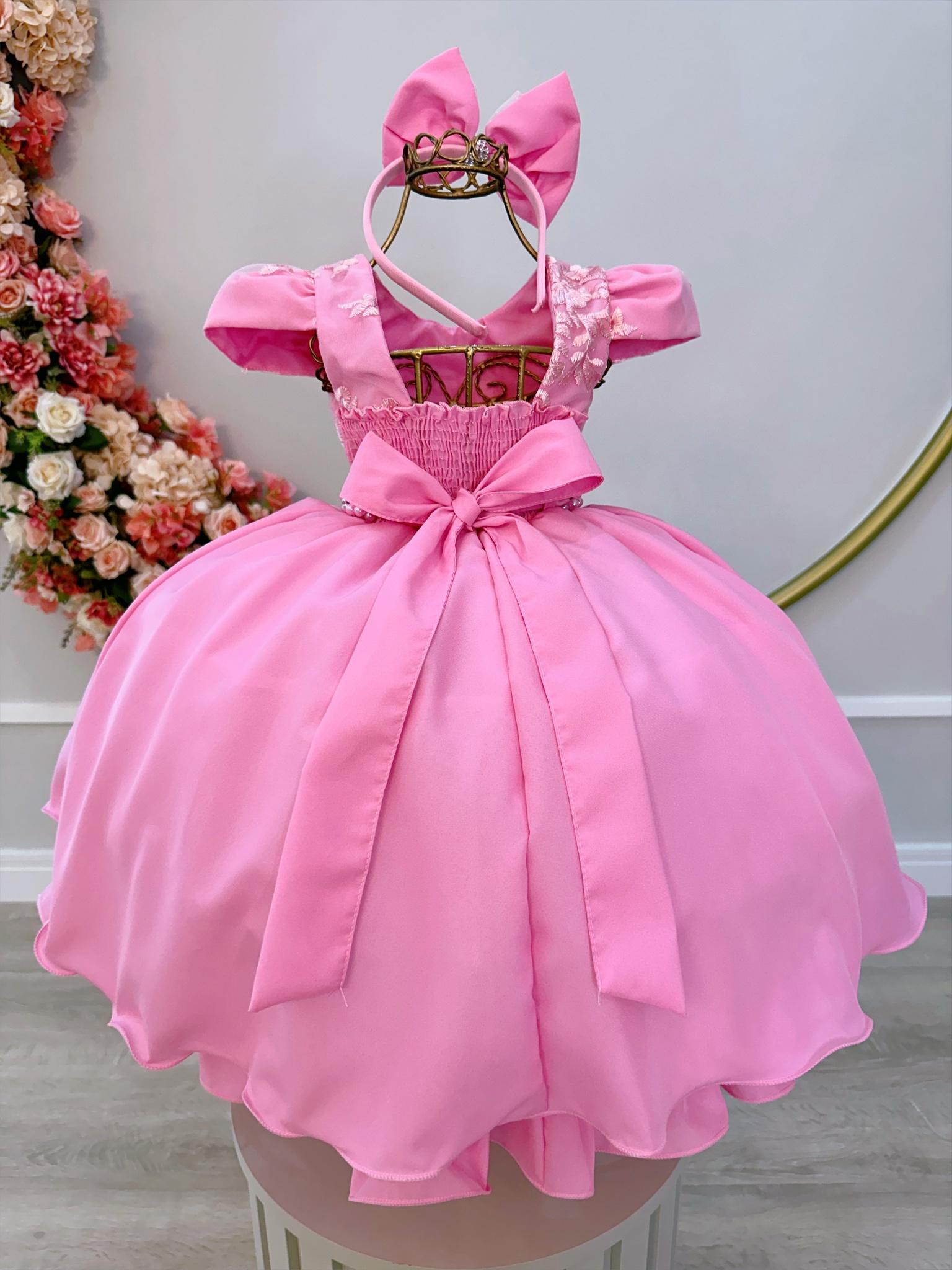 Vestido Infantil Rosa Chiclete Renda Damas C/ Pérolas Tiara