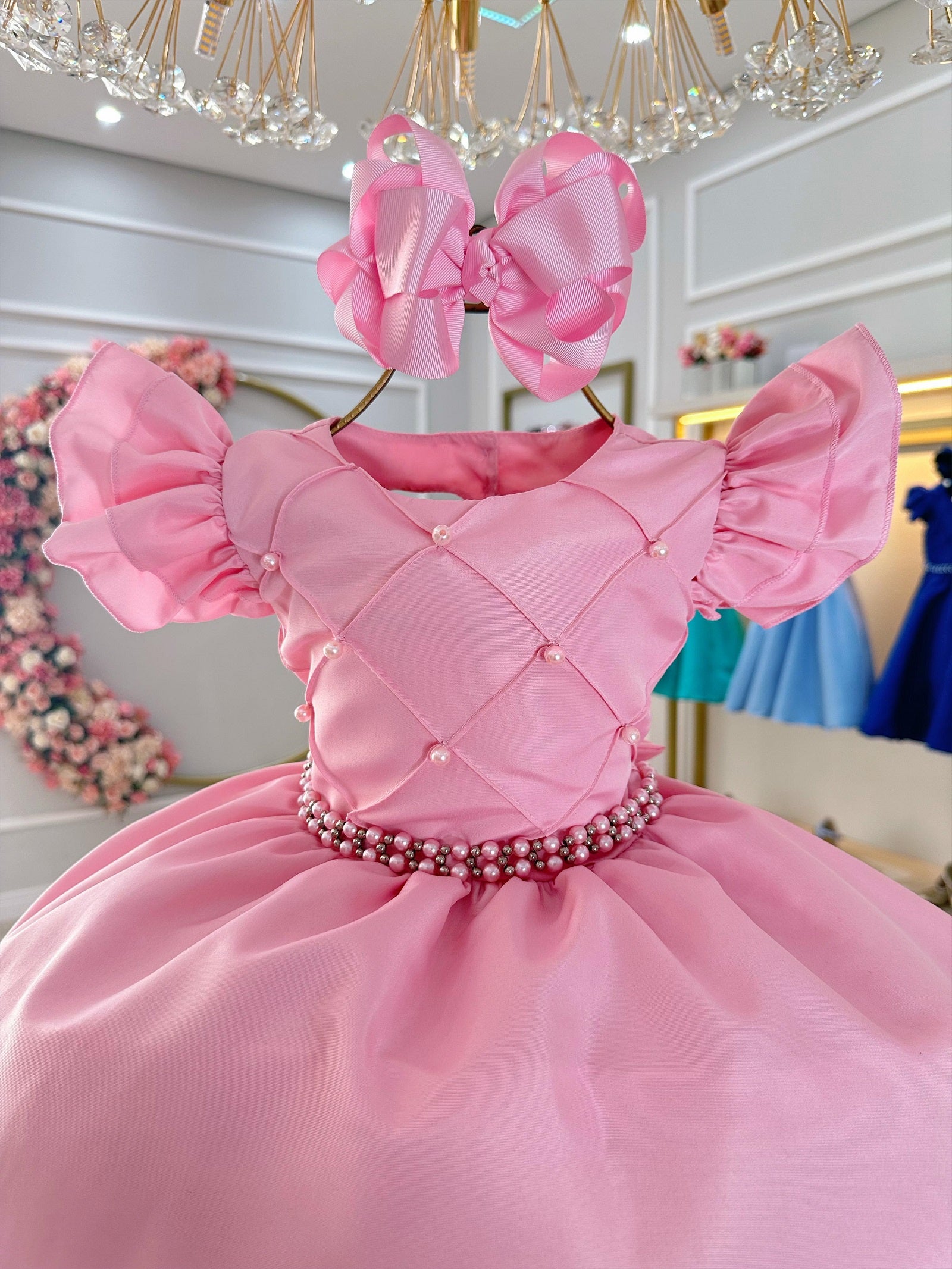 Vestido Infantil Rosa Claro Busto Nervura C/ Pérolas Festas