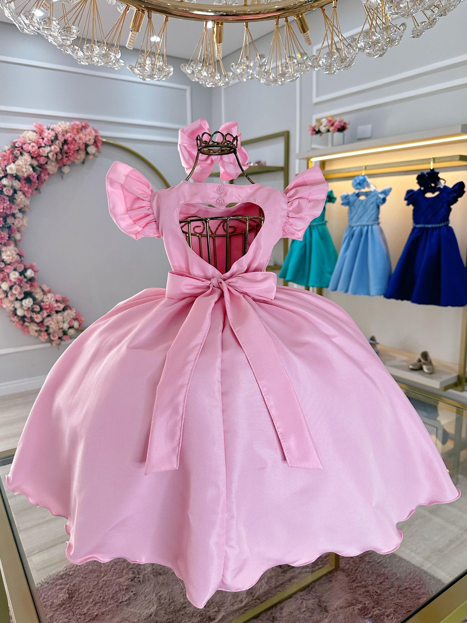Vestido Infantil Rosa Claro Busto Nervura C/ Pérolas Festas
