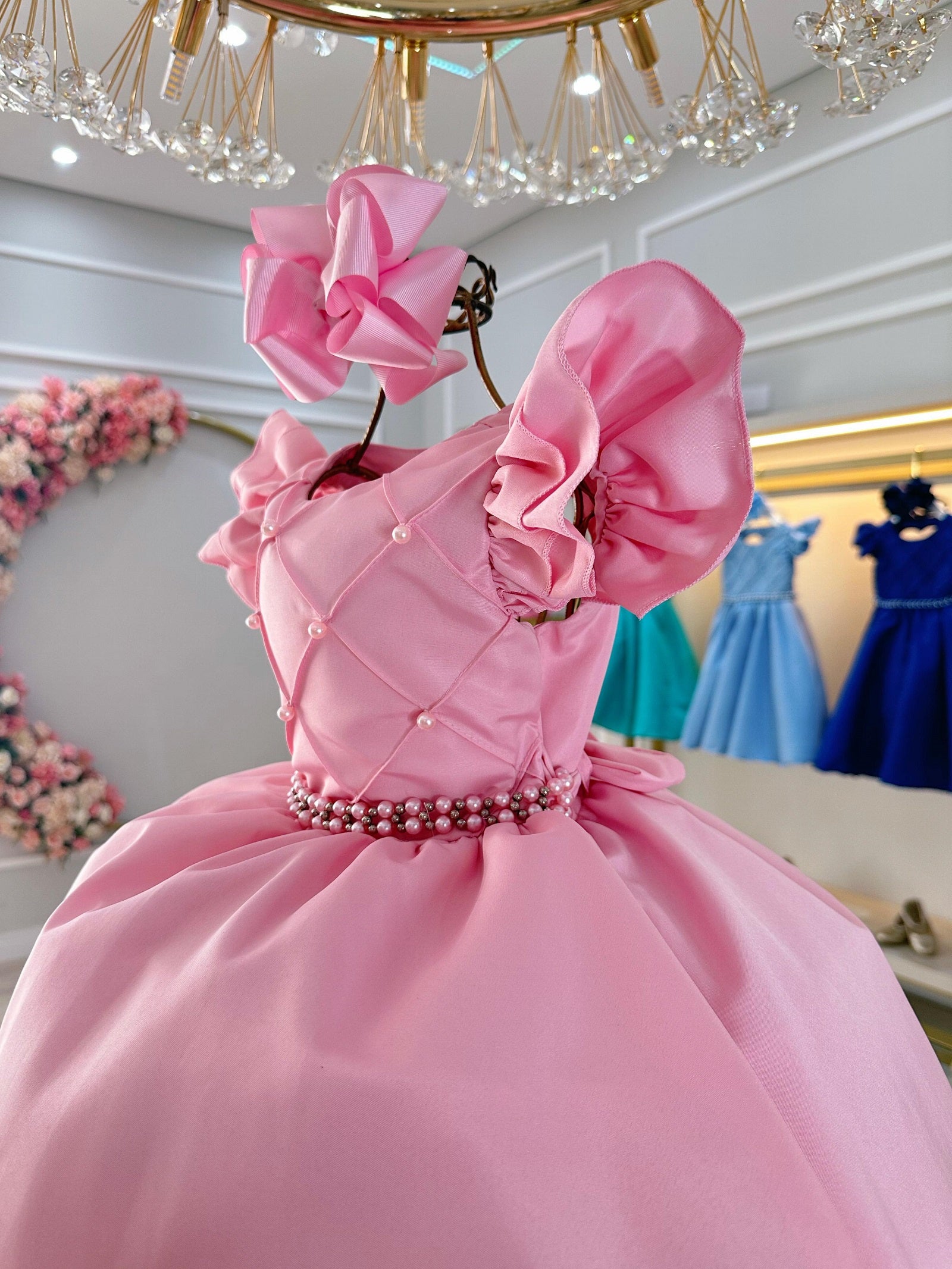 Vestido Infantil Rosa Claro Busto Nervura C/ Pérolas Festas