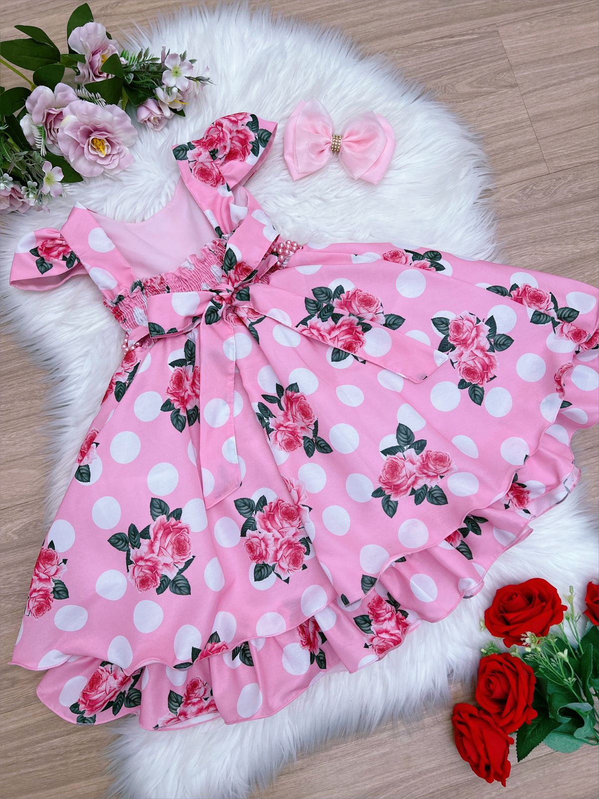 Vestido Infantil Rosa Floral C/ Cinto Pérolas Casamento Luxo