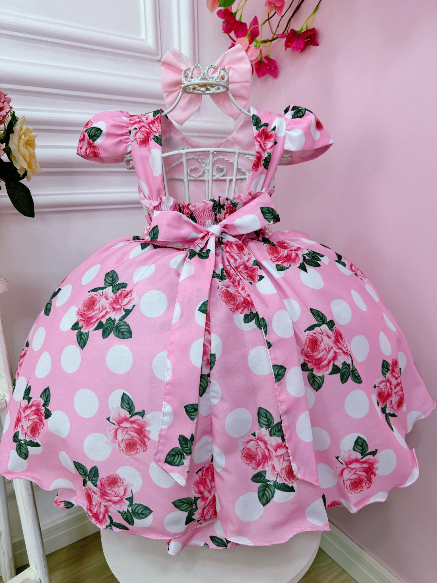 Vestido Infantil Rosa Floral C/ Cinto Pérolas Casamento Luxo