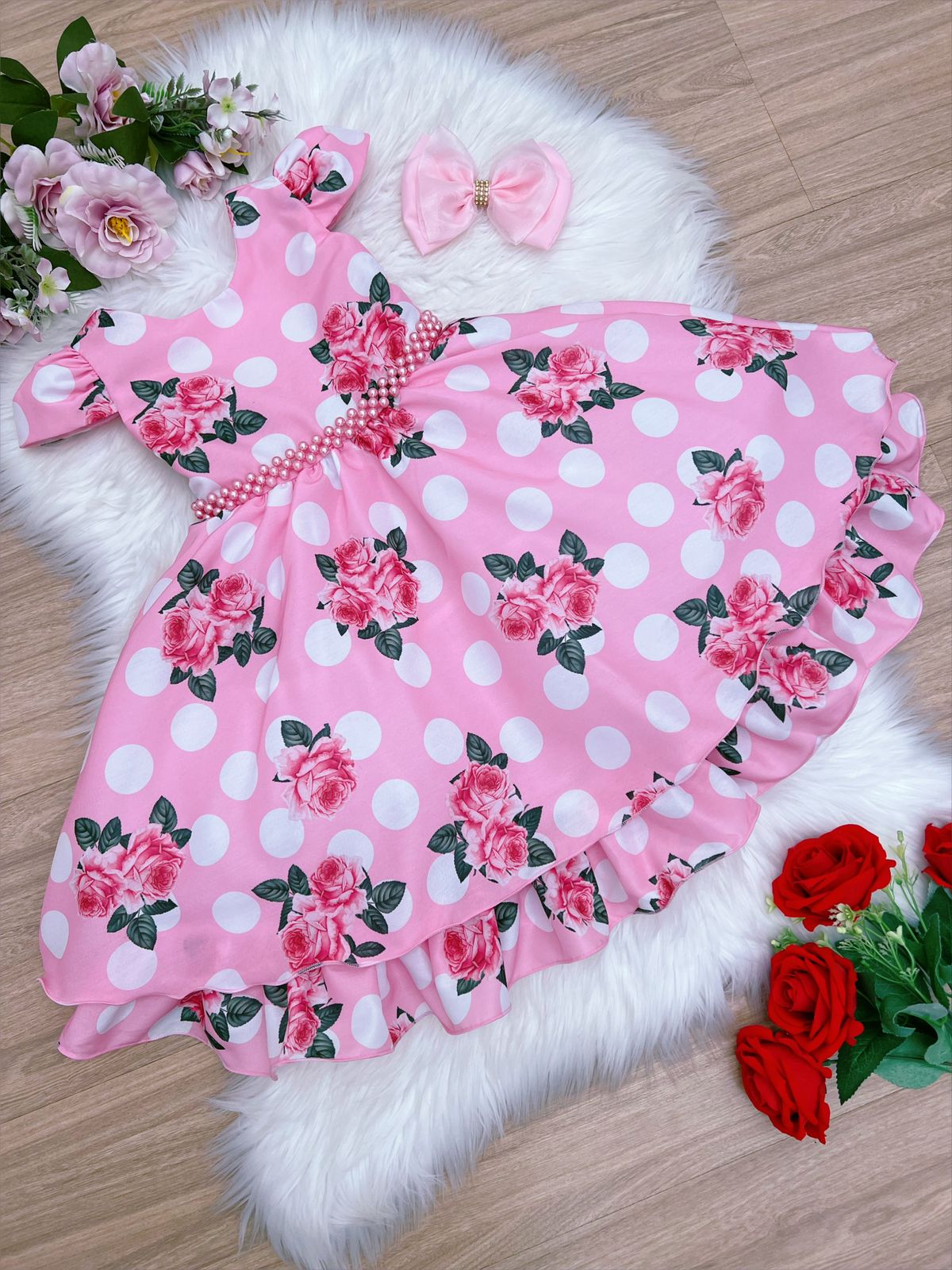 Vestido Infantil Rosa Floral C/ Cinto Pérolas Casamento Luxo