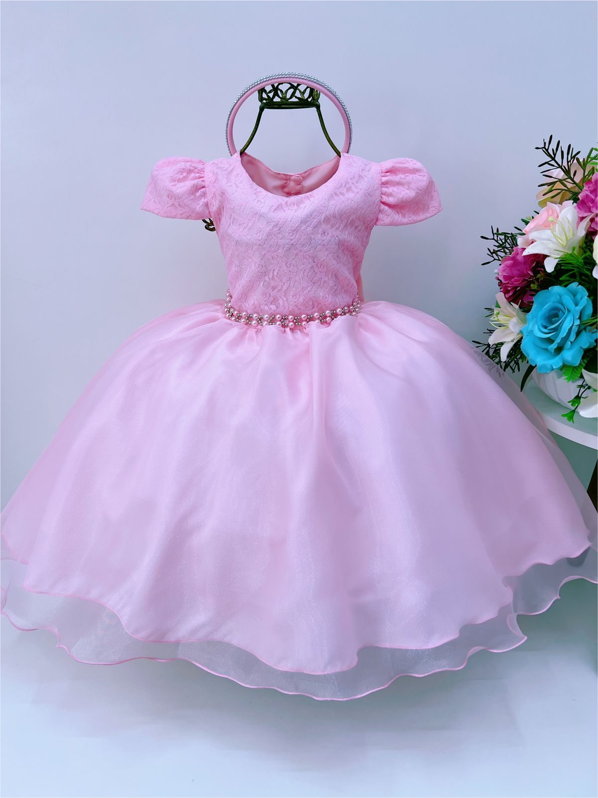 Vestido Infantil Rosa Renda Damas Cinto Pérolas C/ Tiara