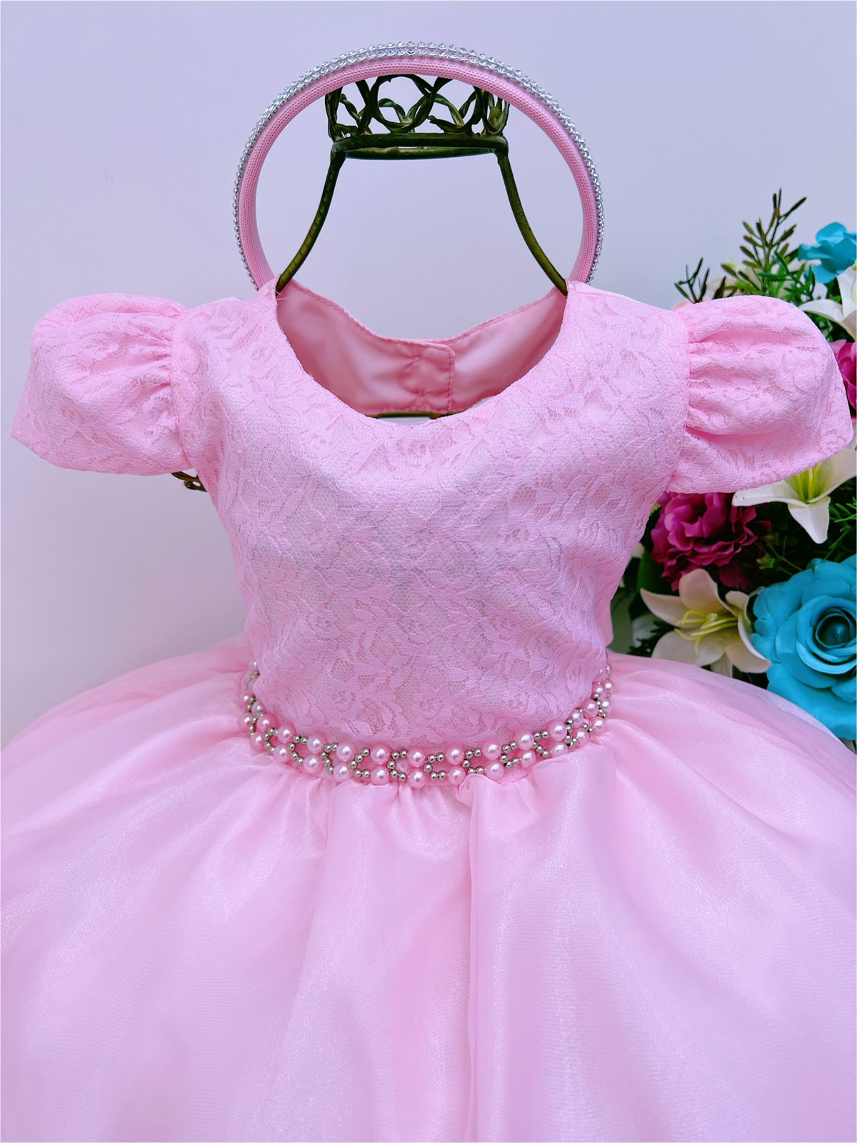 Vestido Infantil Rosa Renda Damas Cinto Pérolas C/ Tiara