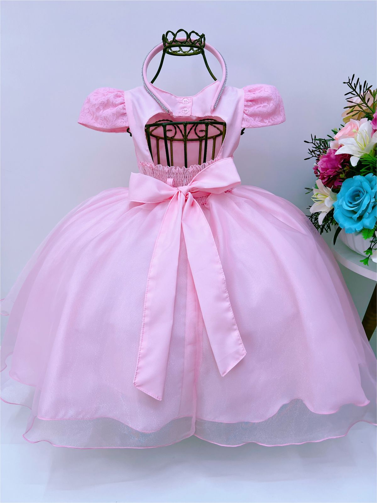 Vestido Infantil Rosa Renda Damas Cinto Pérolas C/ Tiara